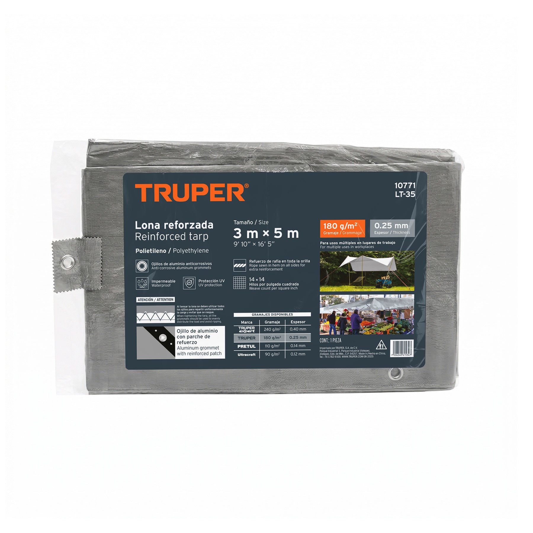 Lona de polietileno reforzada 3 x 5 m, gris, 180g/m2, TRUPER