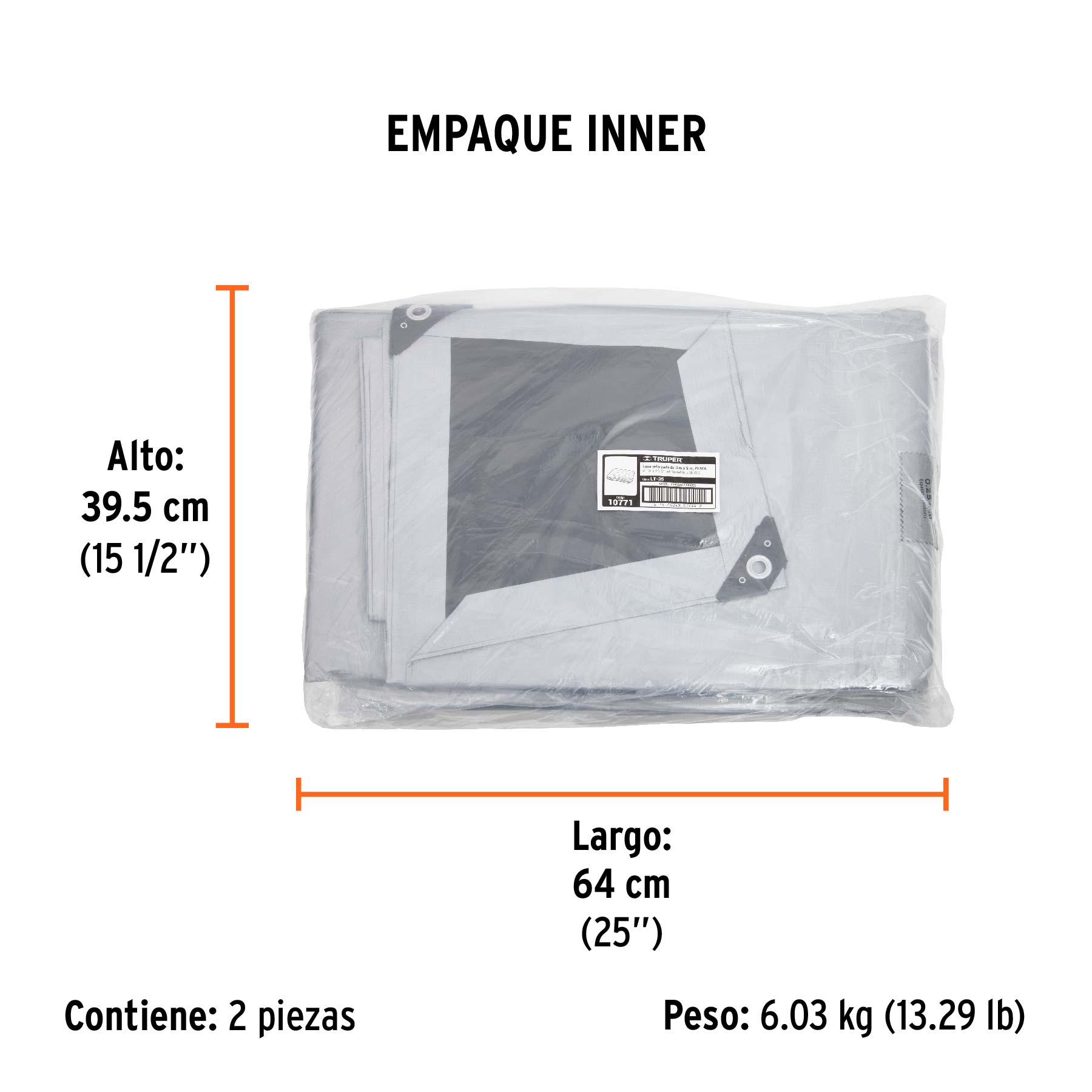 Lona de polietileno reforzada 3 x 5 m, gris, 180g/m2, TRUPER - Empaque