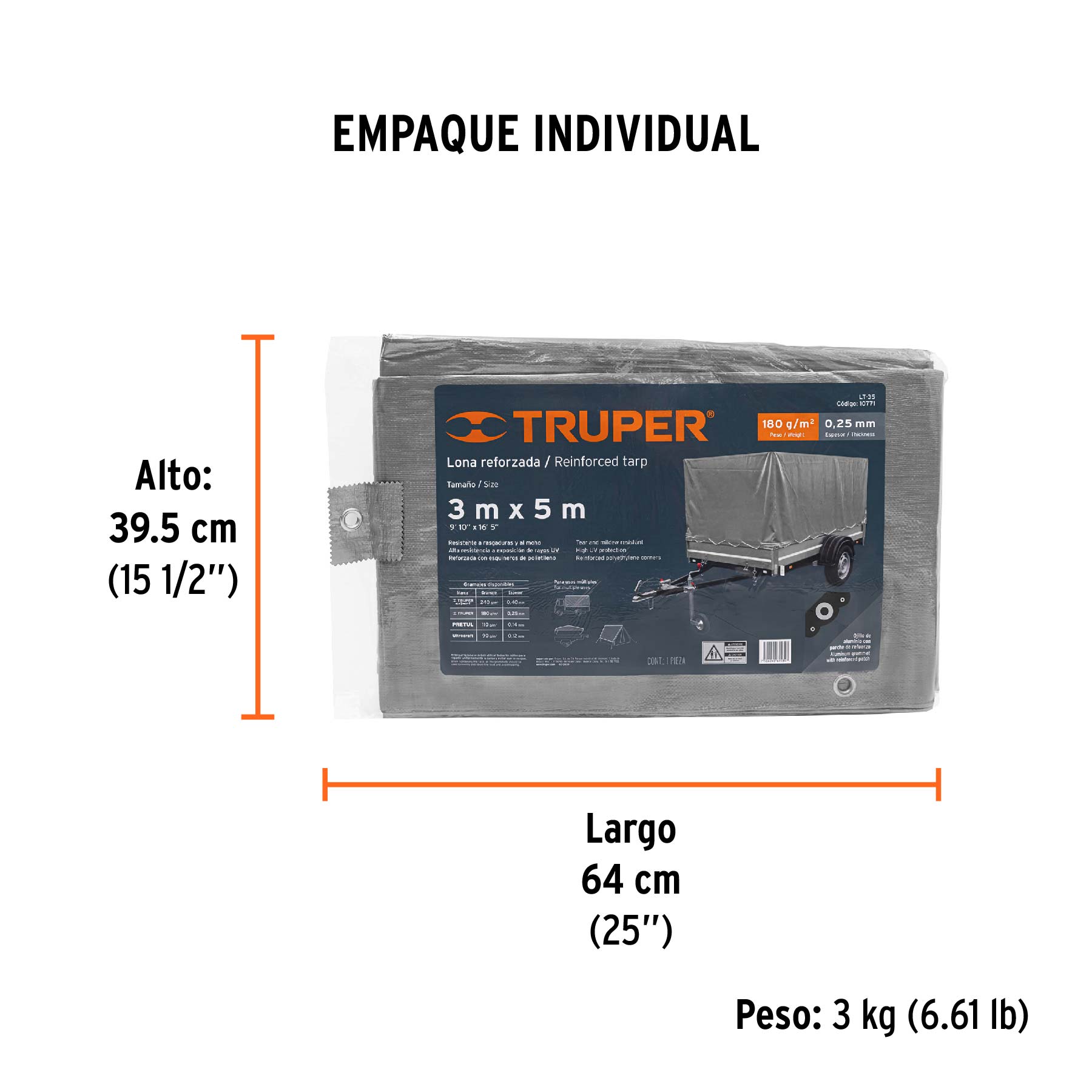 Lona de polietileno reforzada 3 x 5 m, gris, 180g/m2, TRUPER - Empaque