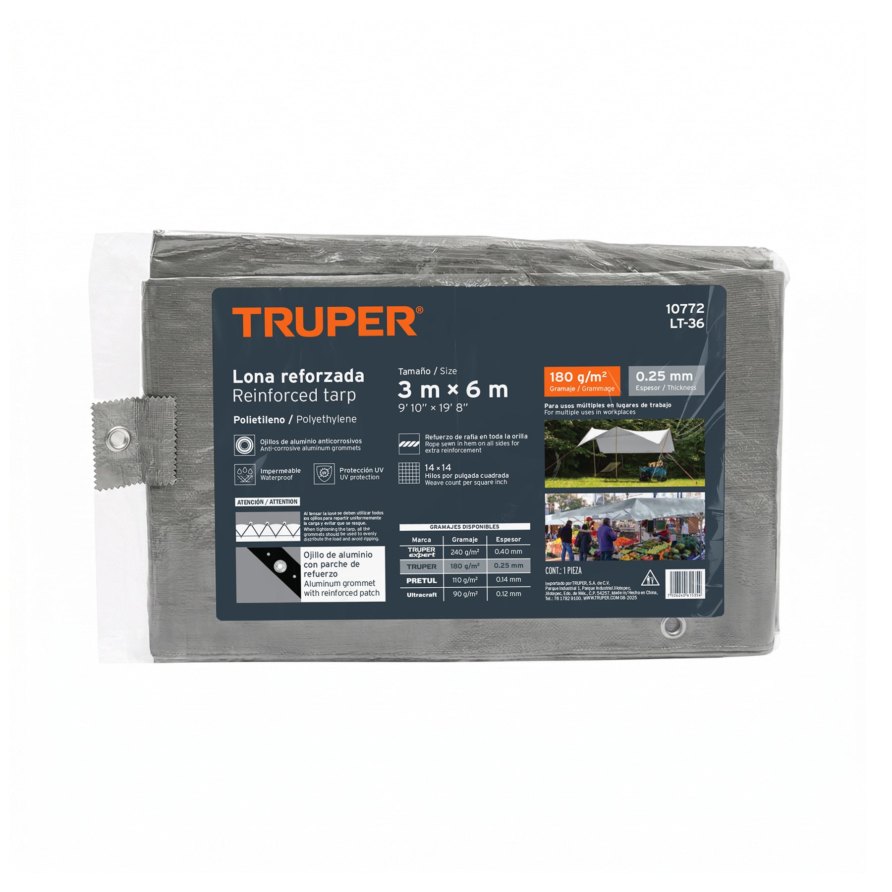 Lona de polietileno reforzada 3 x 6 m, gris, 180g/m2, TRUPER