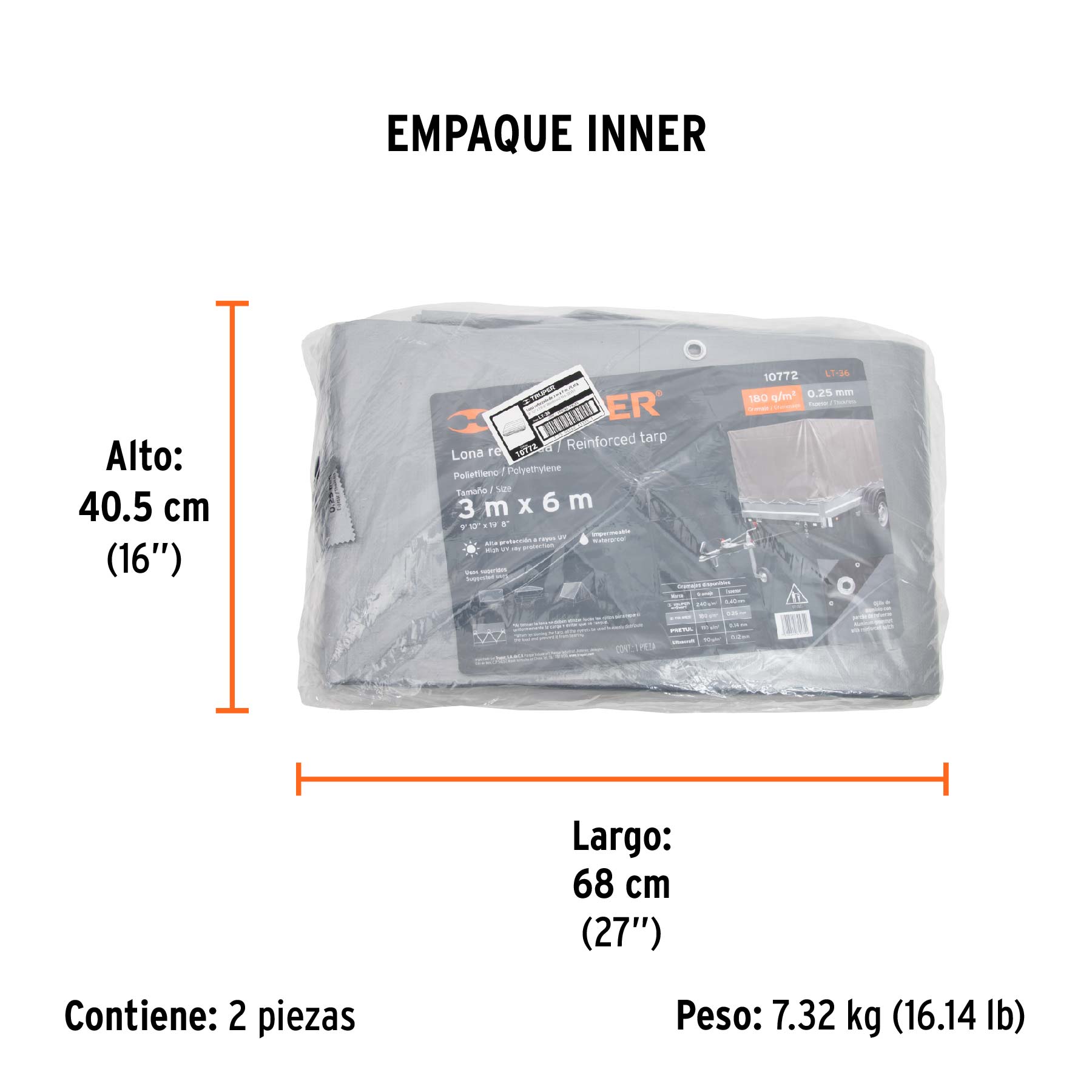 Lona de polietileno reforzada 3 x 6 m, gris, 180g/m2, TRUPER - Empaque