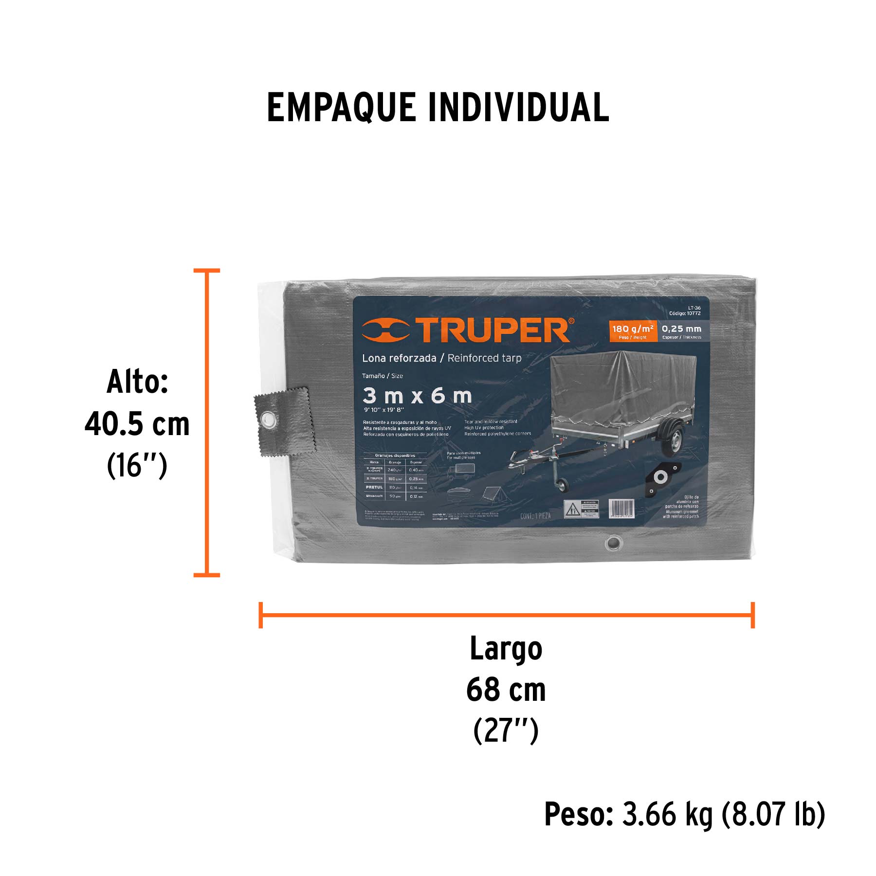 Lona de polietileno reforzada 3 x 6 m, gris, 180g/m2, TRUPER - Empaque