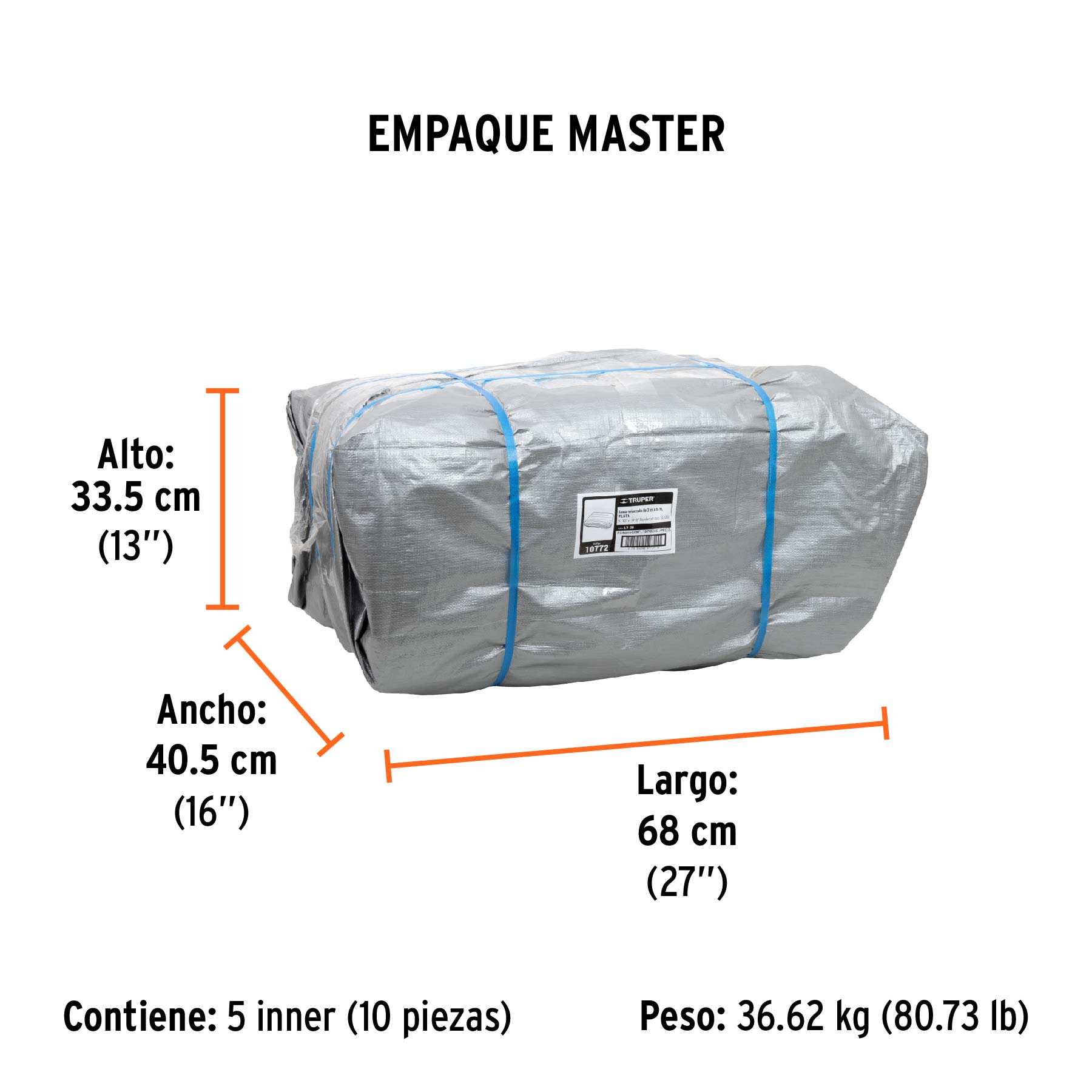 Lona de polietileno reforzada 3 x 6 m, gris, 180g/m2, TRUPER - Empaque