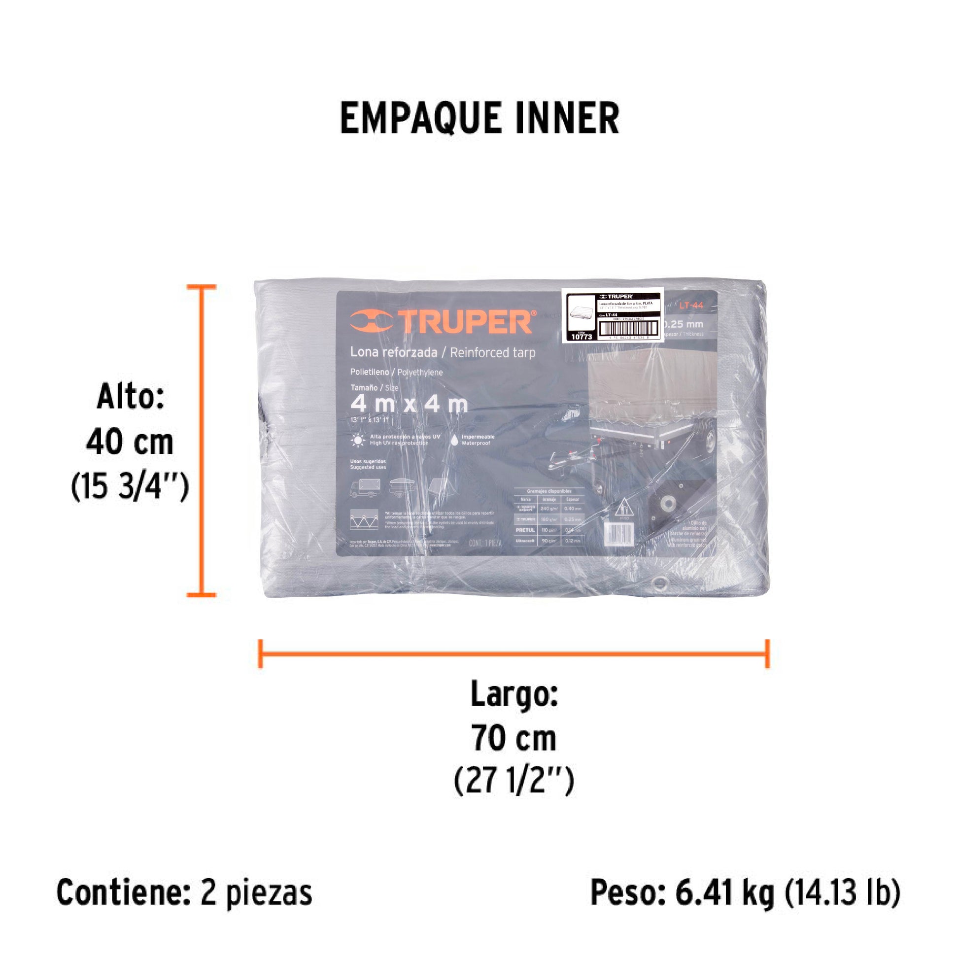 Lona de polietileno reforzada 4 x 4 m, gris, 180g/m2, TRUPER - Empaque