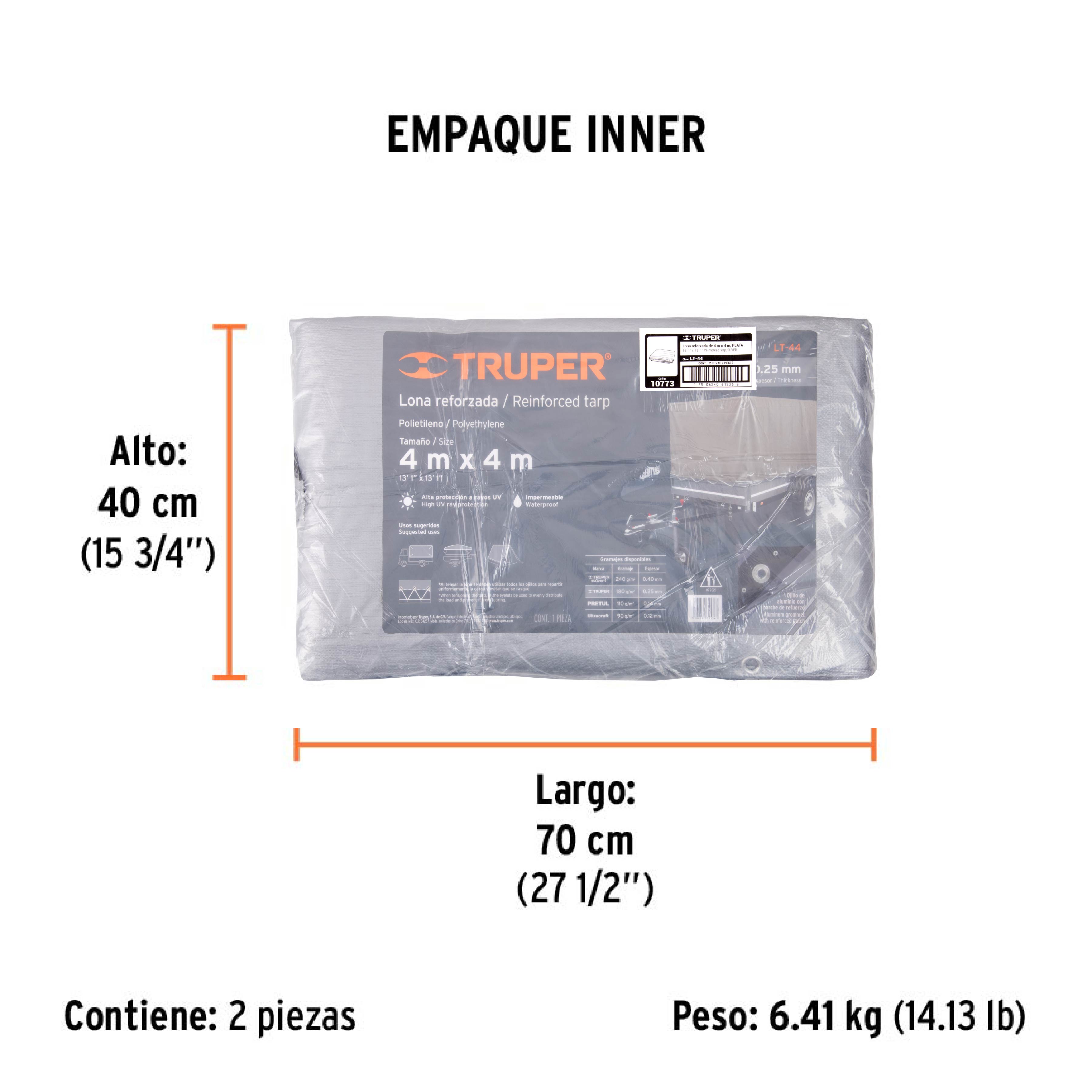 Lona de polietileno reforzada 4 x 4 m, gris, 180g/m2, TRUPER - Empaque