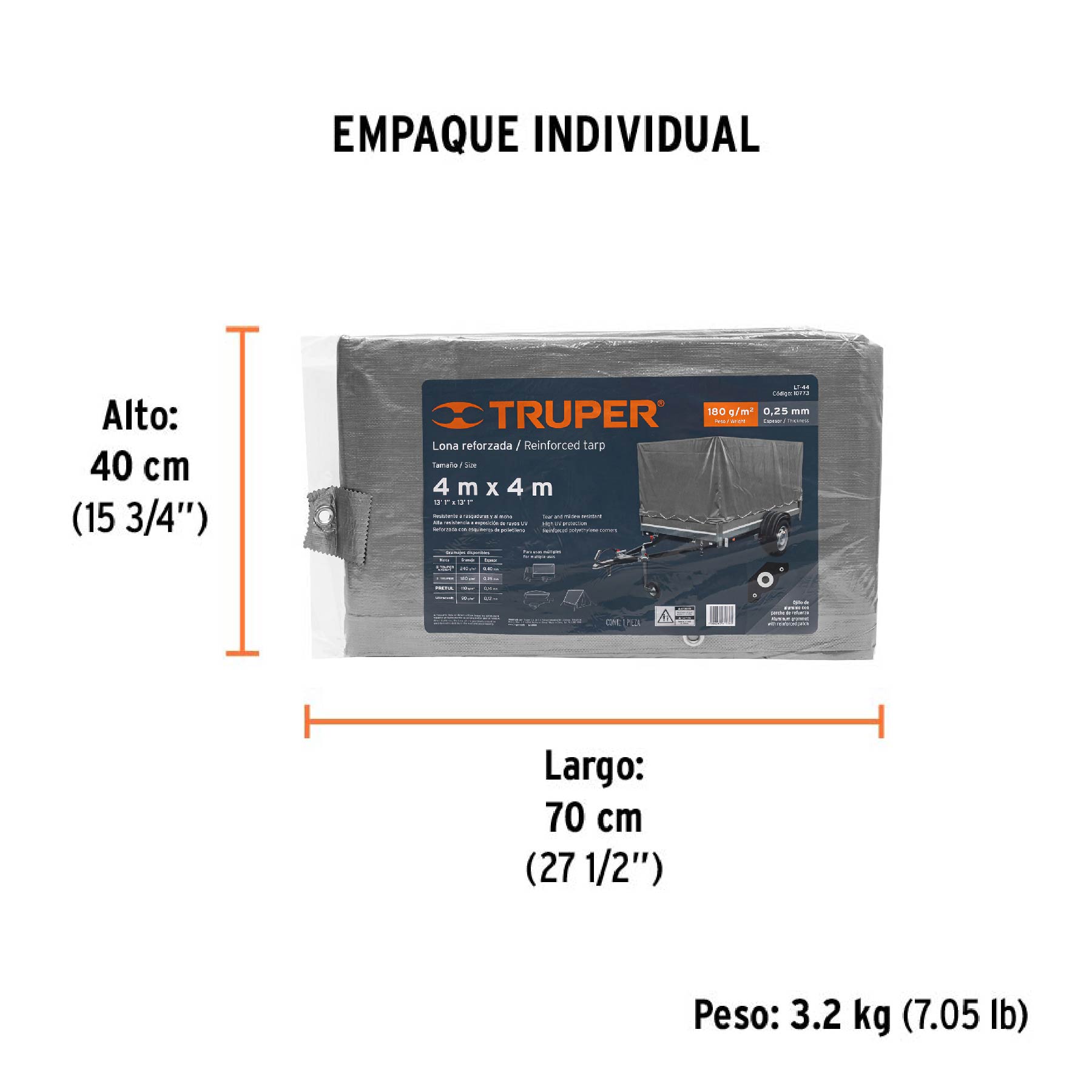 Lona de polietileno reforzada 4 x 4 m, gris, 180g/m2, TRUPER - Empaque