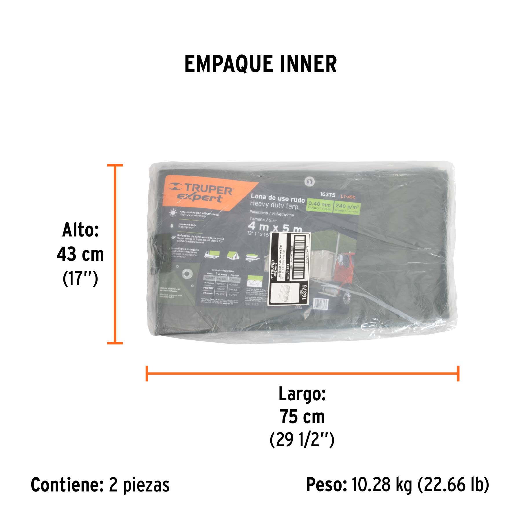 Lona uso rudo 4 x 5 m, verde olivo, 240 g/m2, TRUPER EXPERT - Empaque