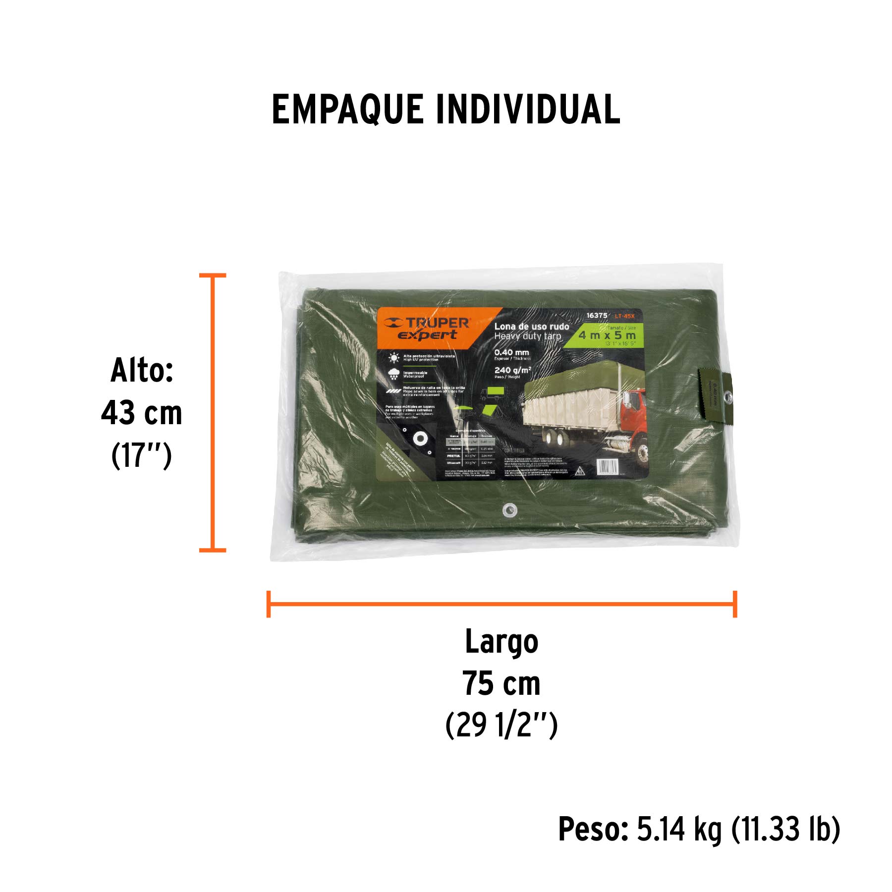 Lona uso rudo 4 x 5 m, verde olivo, 240 g/m2, TRUPER EXPERT - Empaque