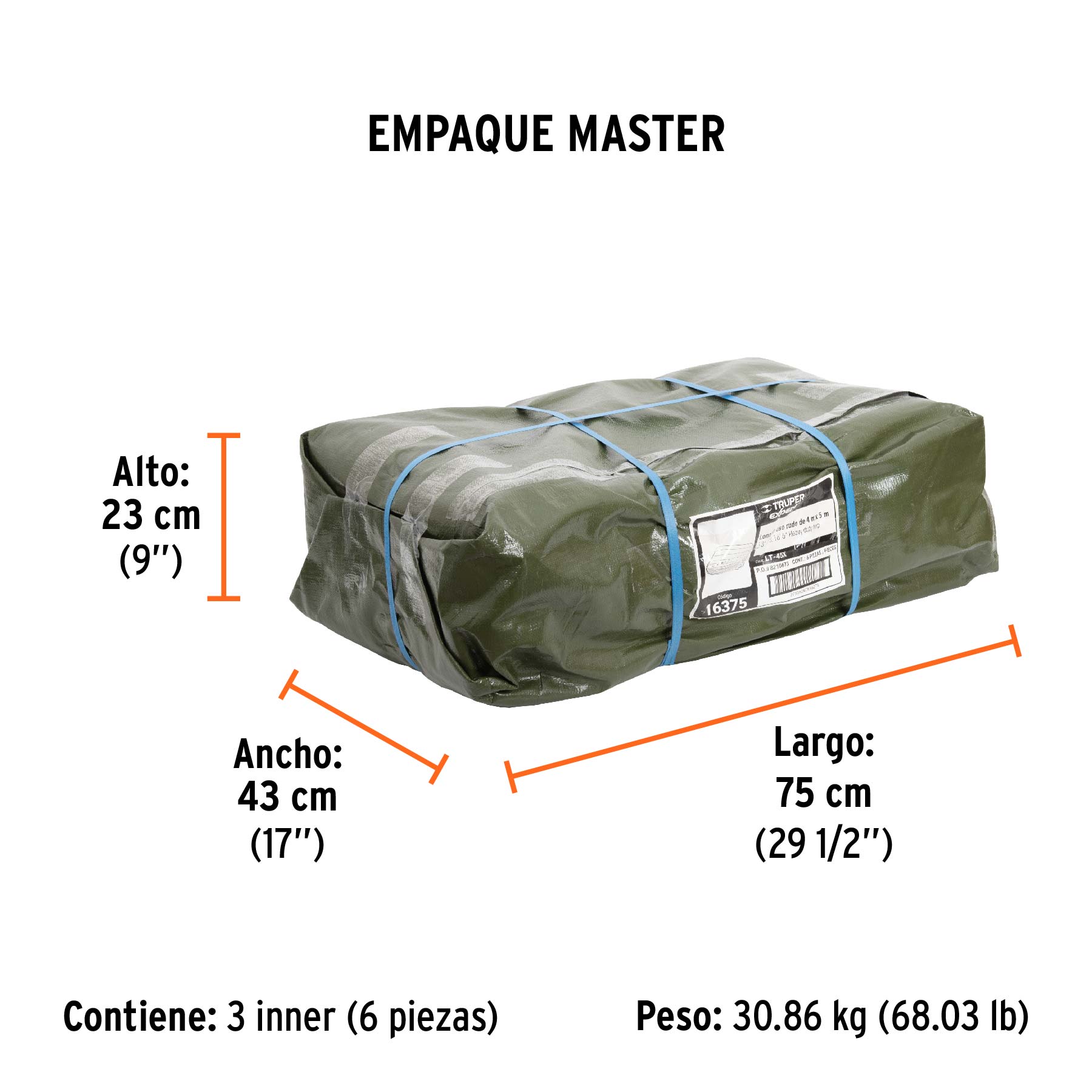 Lona uso rudo 4 x 5 m, verde olivo, 240 g/m2, TRUPER EXPERT - Empaque