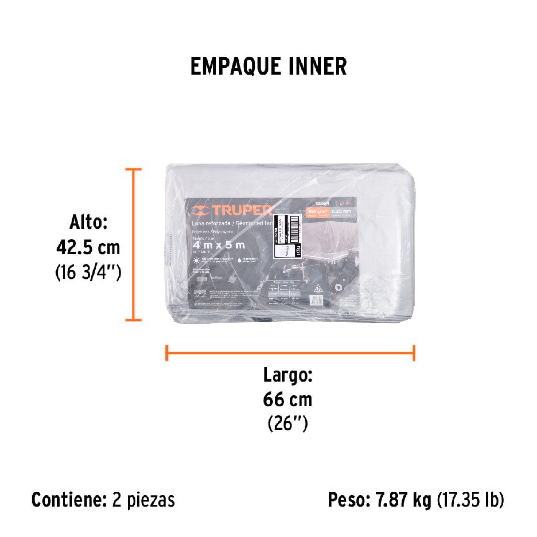 Lona de polietileno reforzada 4 x 5 m, gris, 180g/m2, TRUPER - Empaque