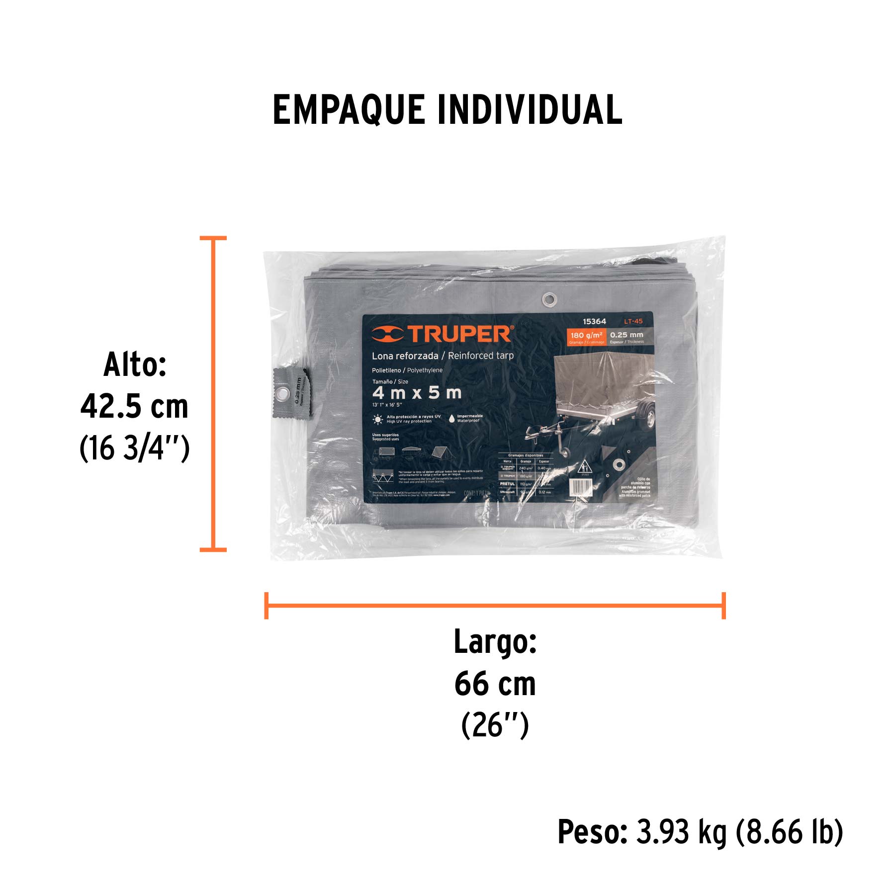 Lona de polietileno reforzada 4 x 5 m, gris, 180g/m2, TRUPER - Empaque