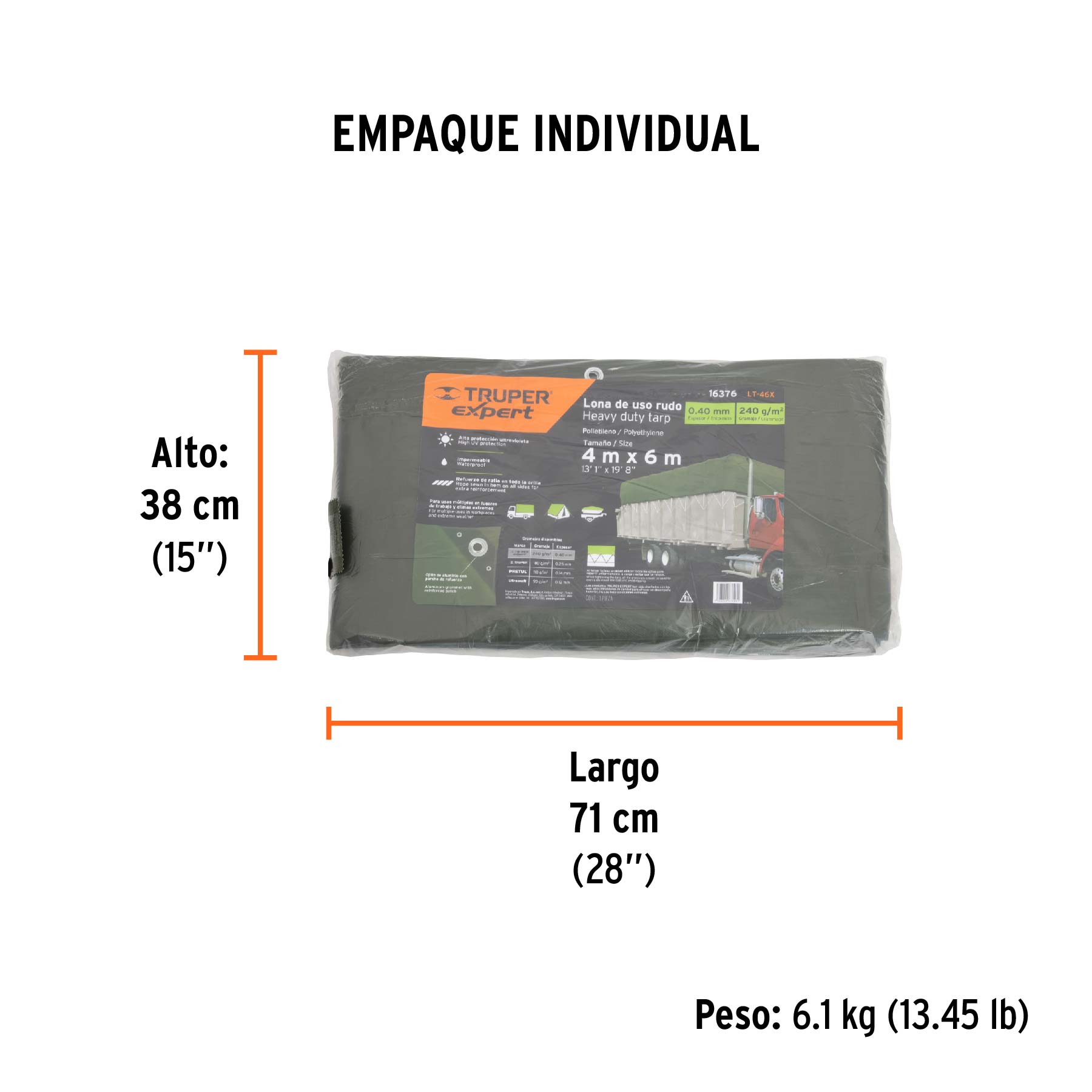 Lona uso rudo 4 x 6 m, verde olivo, 240 g/m2, TRUPER EXPERT - Empaque