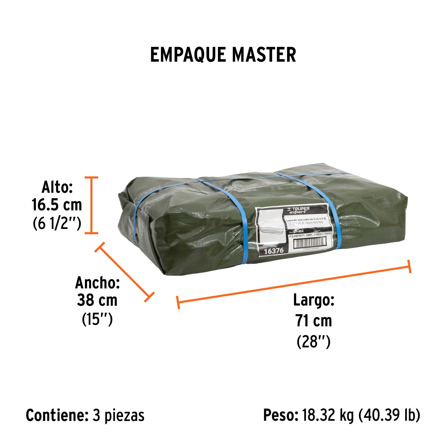 Lona uso rudo 4 x 6 m, verde olivo, 240 g/m2, TRUPER EXPERT - Empaque