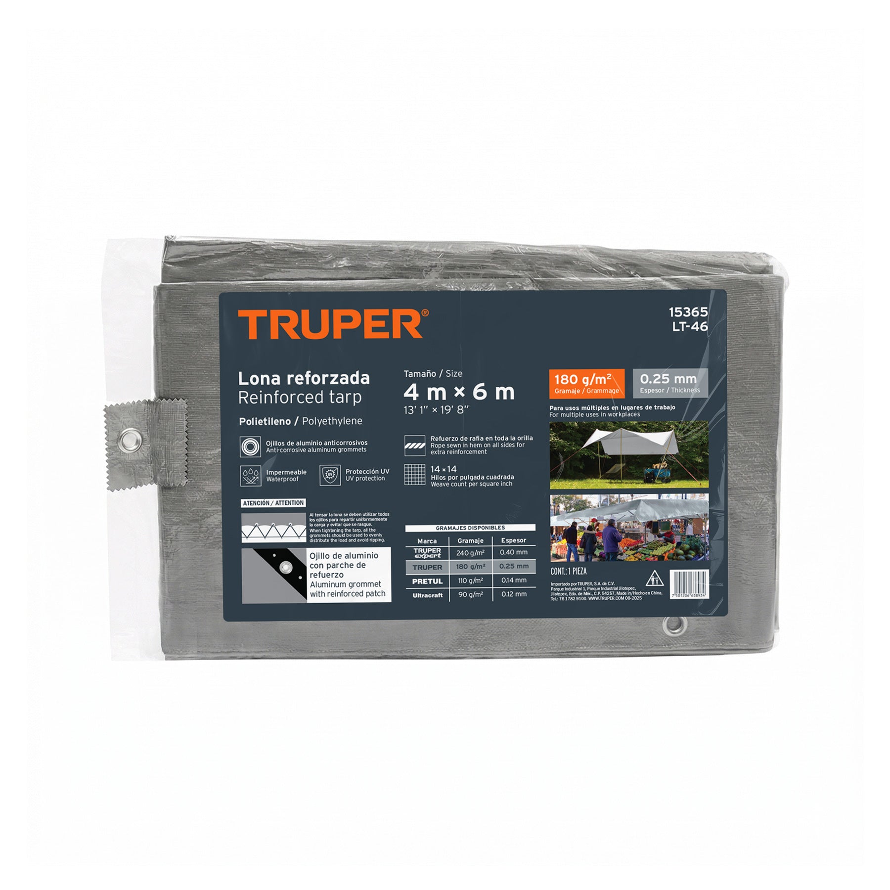 Lona de polietileno reforzada 4 x 6 m, gris, 180g/m2, TRUPER