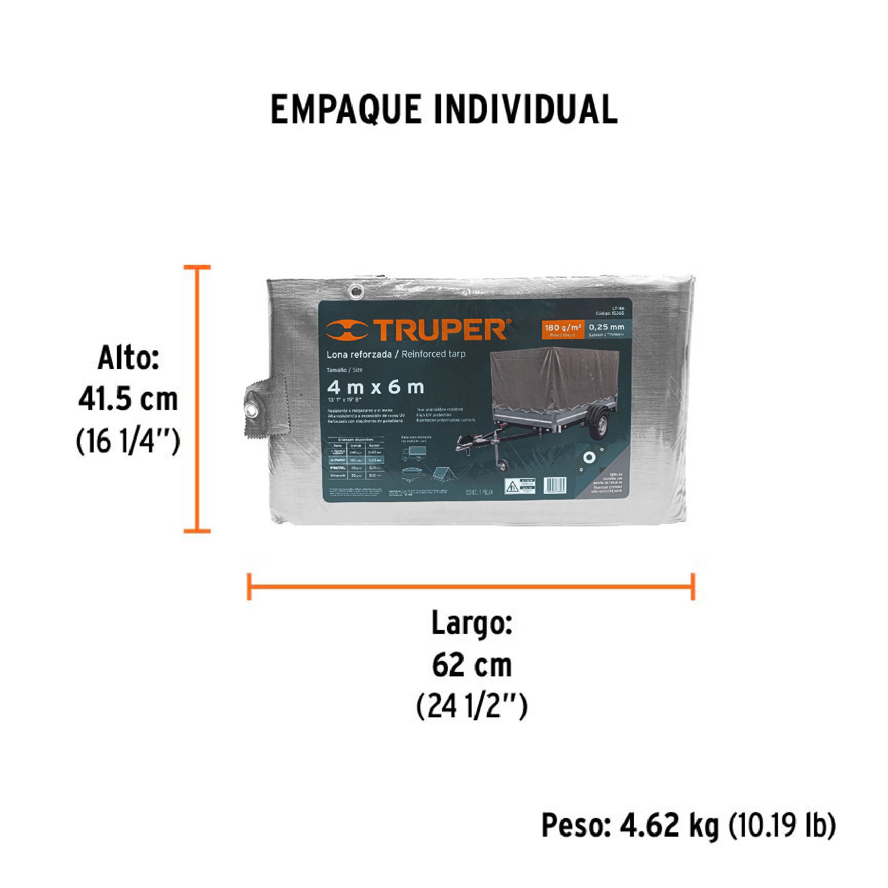 Lona de polietileno reforzada 4 x 6 m, gris, 180g/m2, TRUPER - Empaque