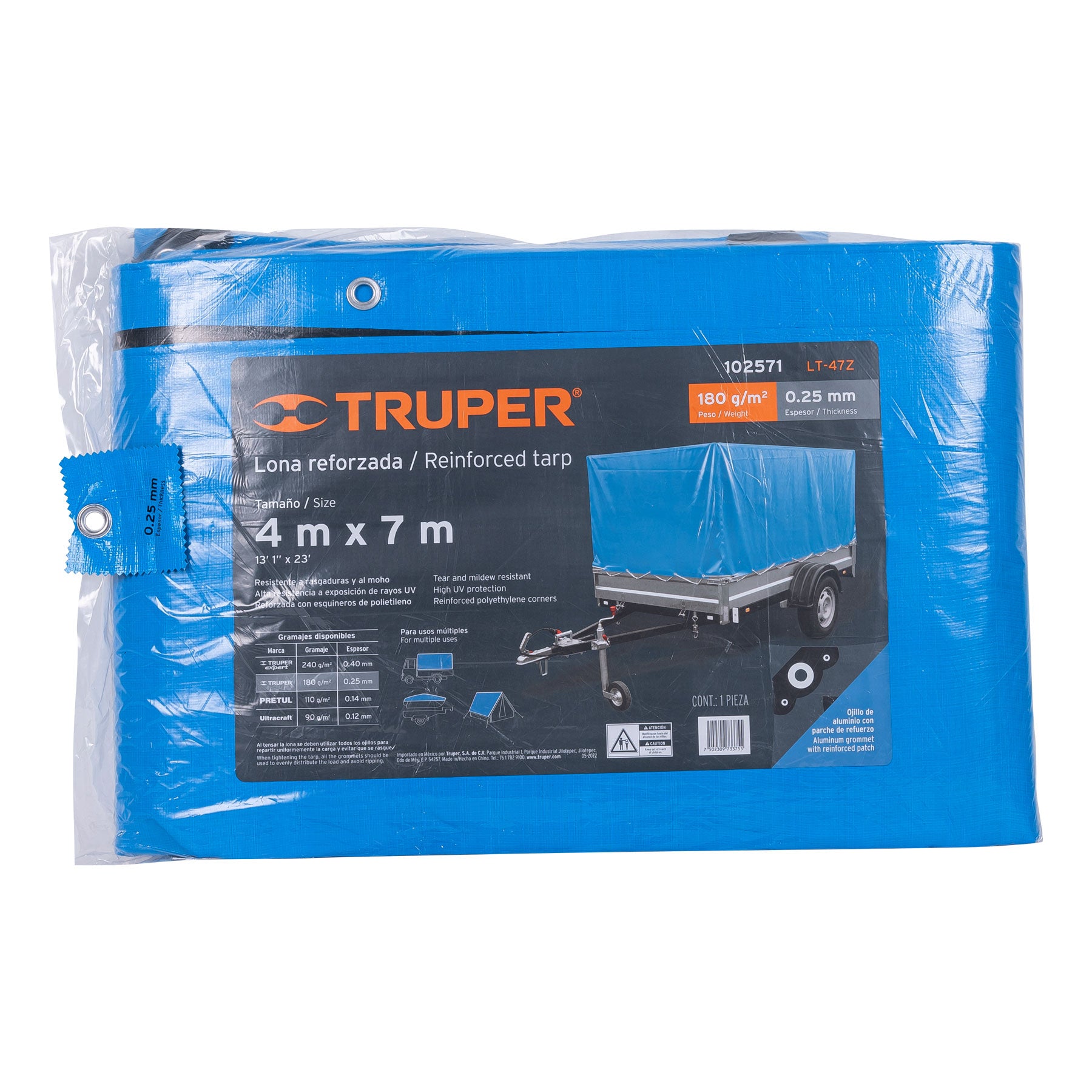 Lona de polietileno reforzada 4 x 7 m, azul, 180g/m2, TRUPER
