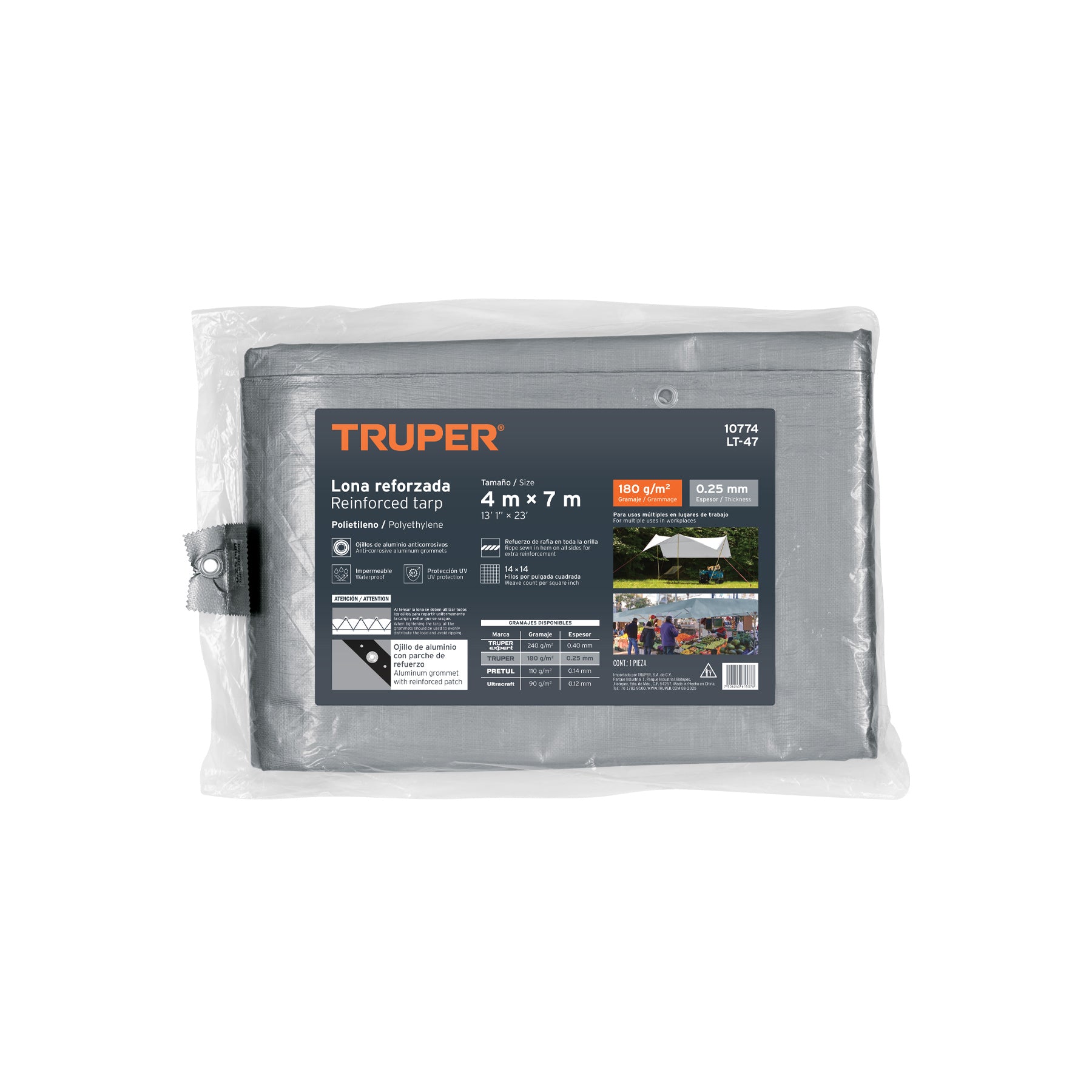 Lona de polietileno reforzada 4 x 7 m, gris, 180g/m2, TRUPER