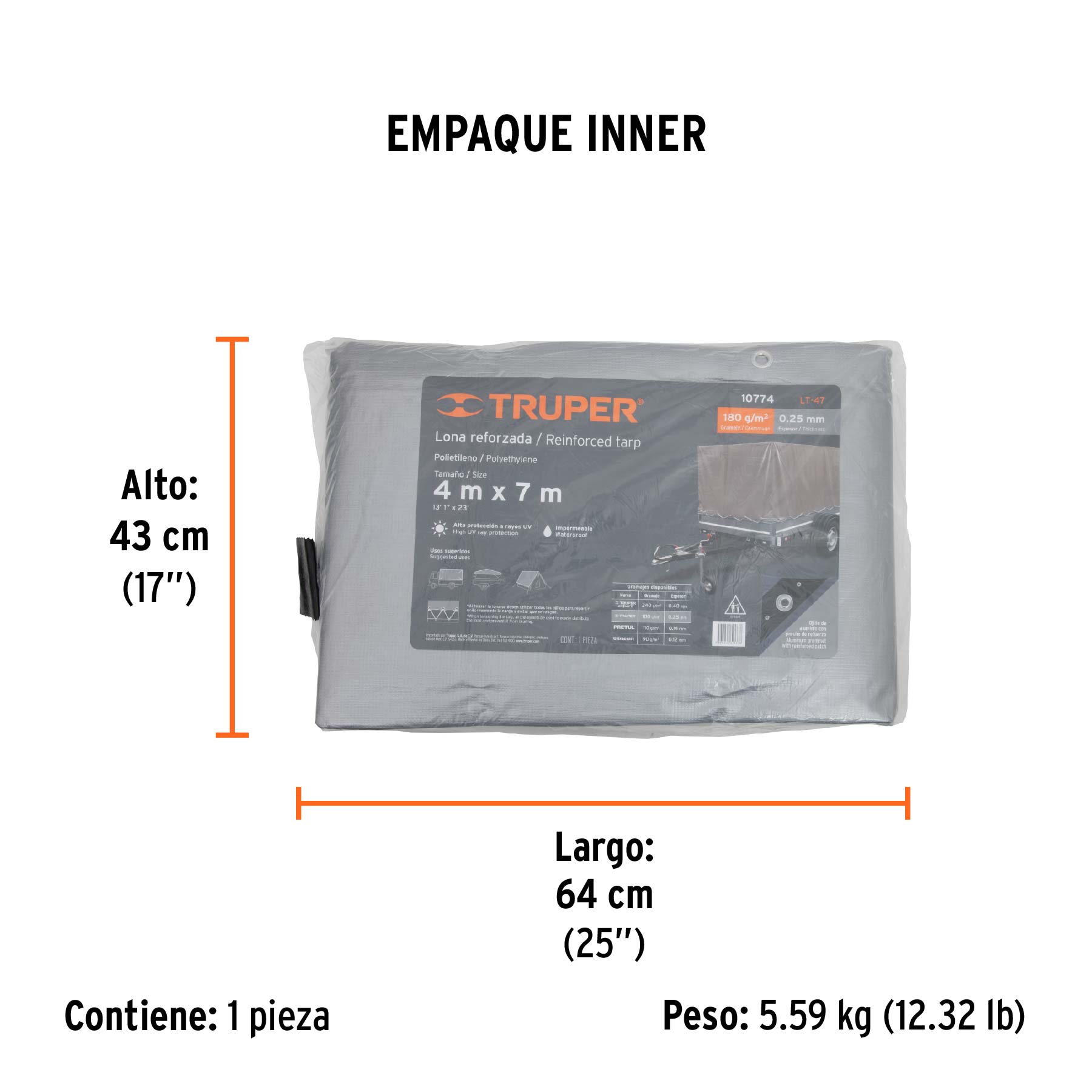 Lona de polietileno reforzada 4 x 7 m, gris, 180g/m2, TRUPER - Empaque