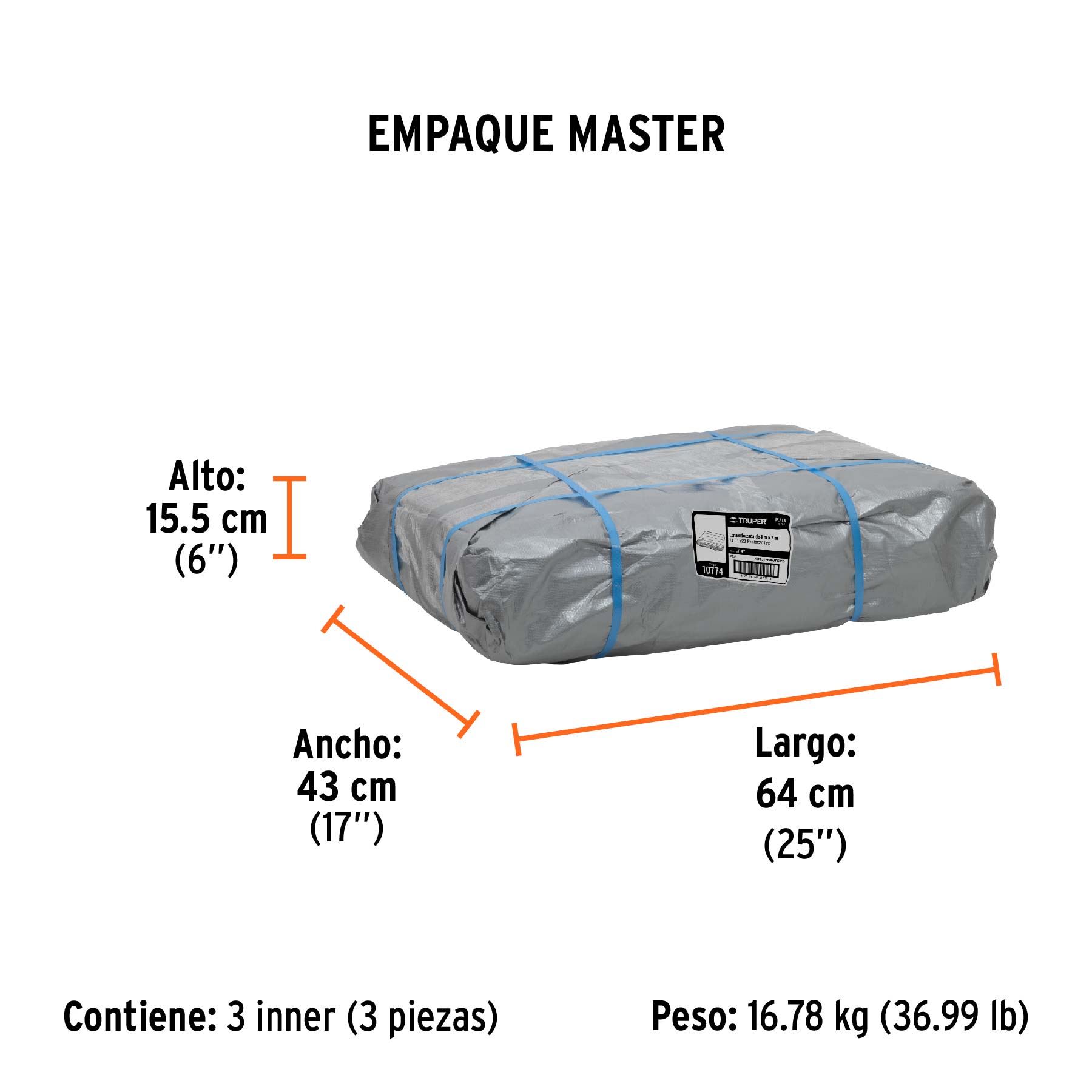 Lona de polietileno reforzada 4 x 7 m, gris, 180g/m2, TRUPER - Empaque