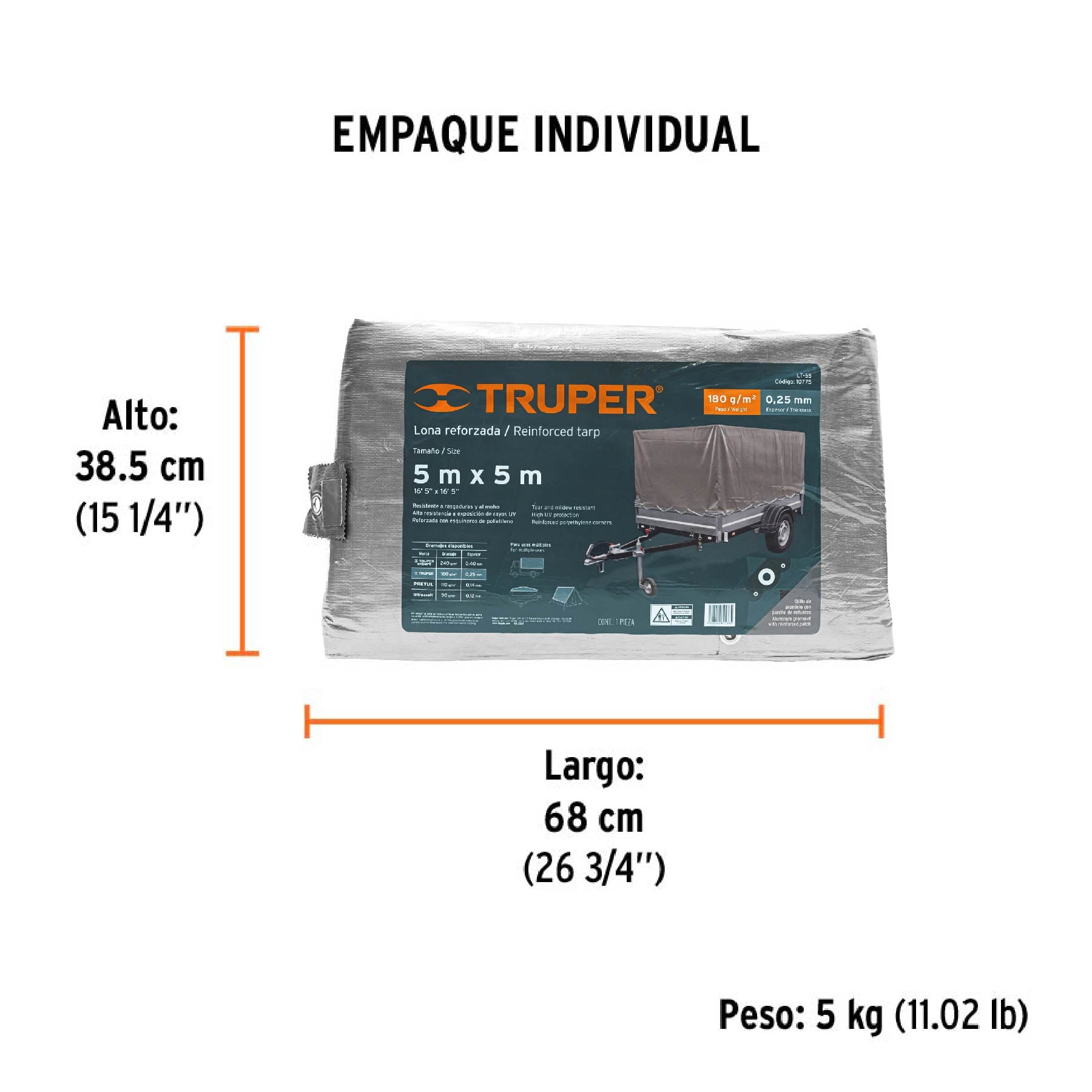 Lona de polietileno reforzada 5 x 5 m, gris, 180g/m2, TRUPER - Empaque
