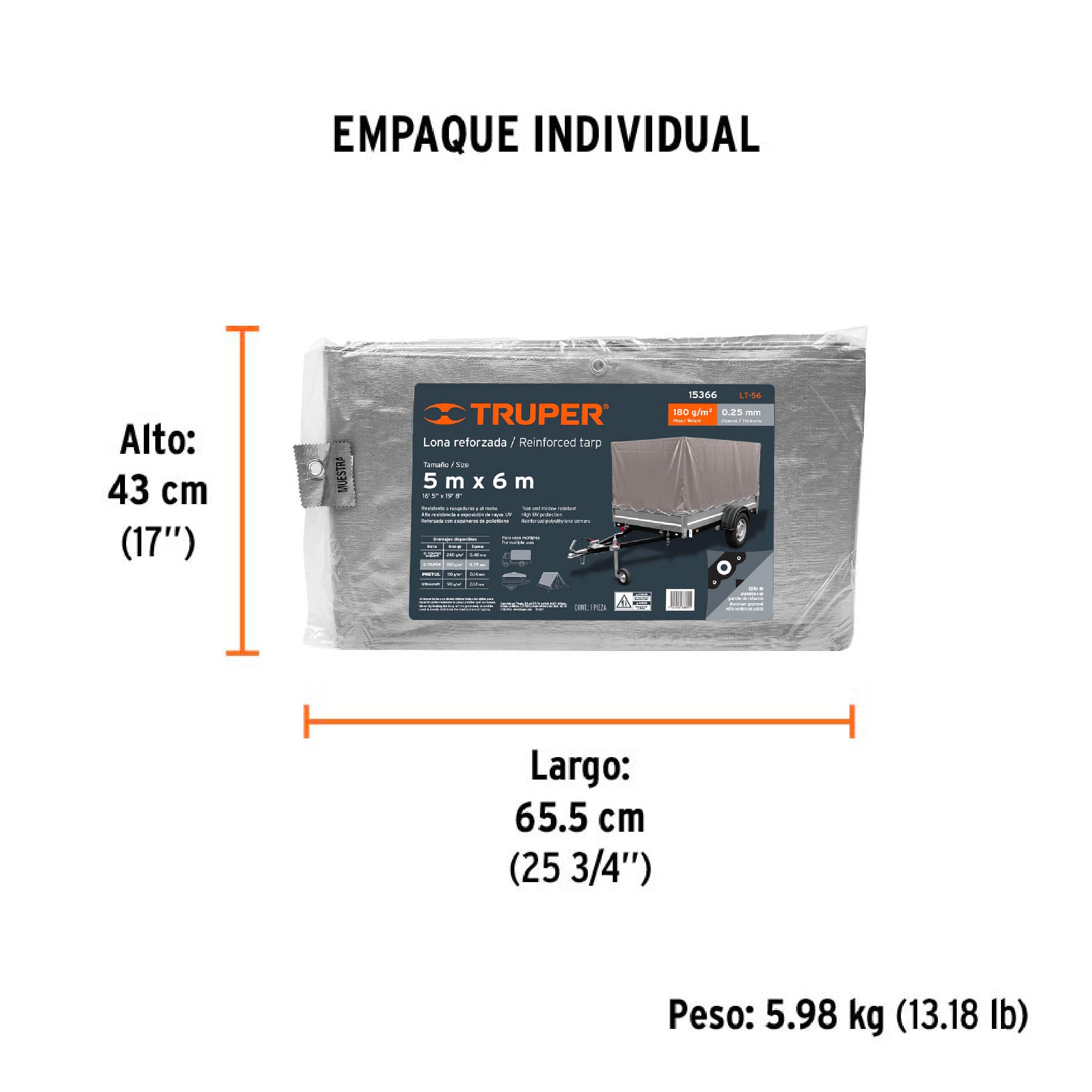 Lona de polietileno reforzada 5 x 6 m, gris, 180g/m2, TRUPER - Empaque