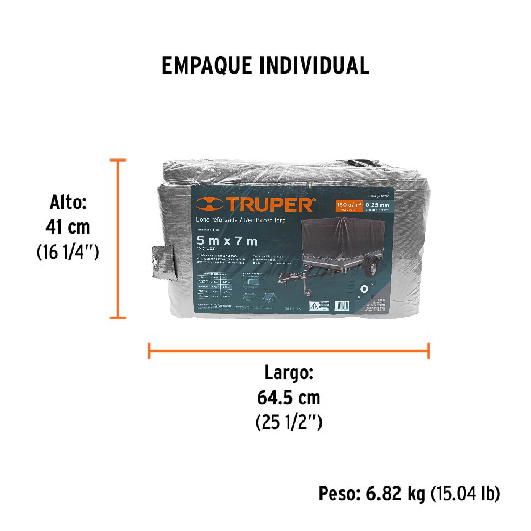 Lona de polietileno reforzada 5 x 7 m, gris, 180g/m2, TRUPER - Empaque