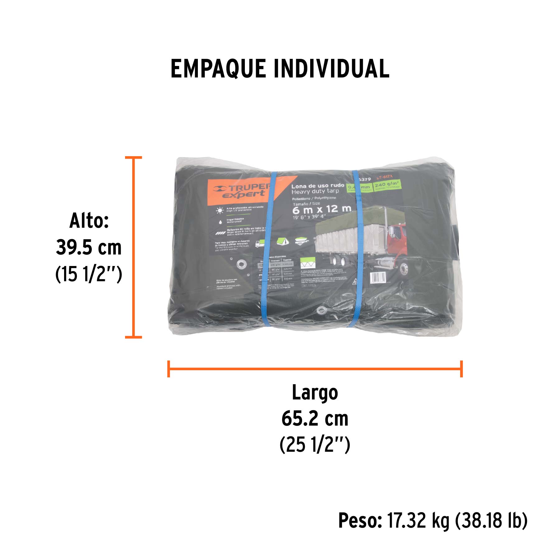 Lona uso rudo 6 x 12 m, verde olivo, 240 g/m2, TRUPER EXPERT - Empaque