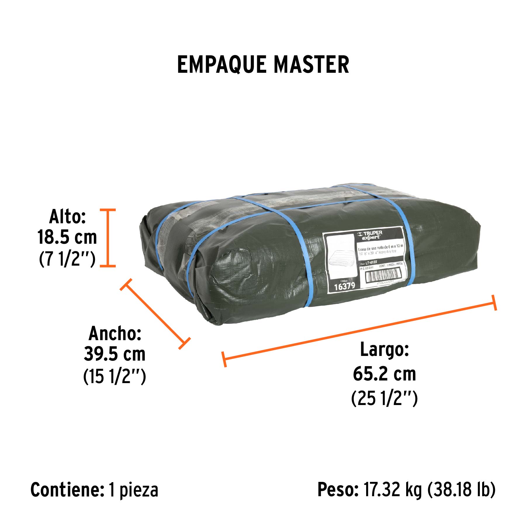 Lona uso rudo 6 x 12 m, verde olivo, 240 g/m2, TRUPER EXPERT - Empaque