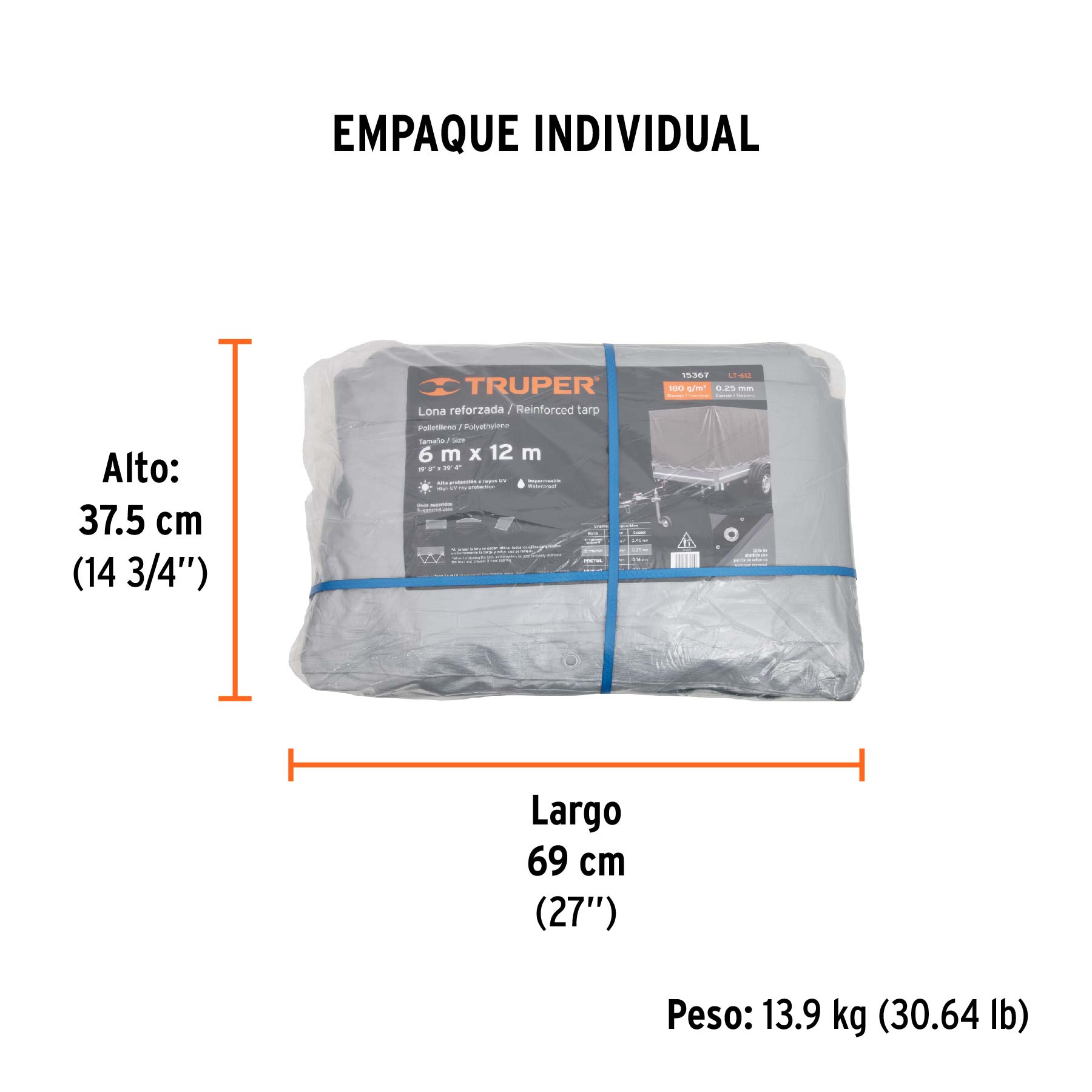 Lona de polietileno reforzada 6x12 m, gris, 180g/m2, TRUPER - Empaque