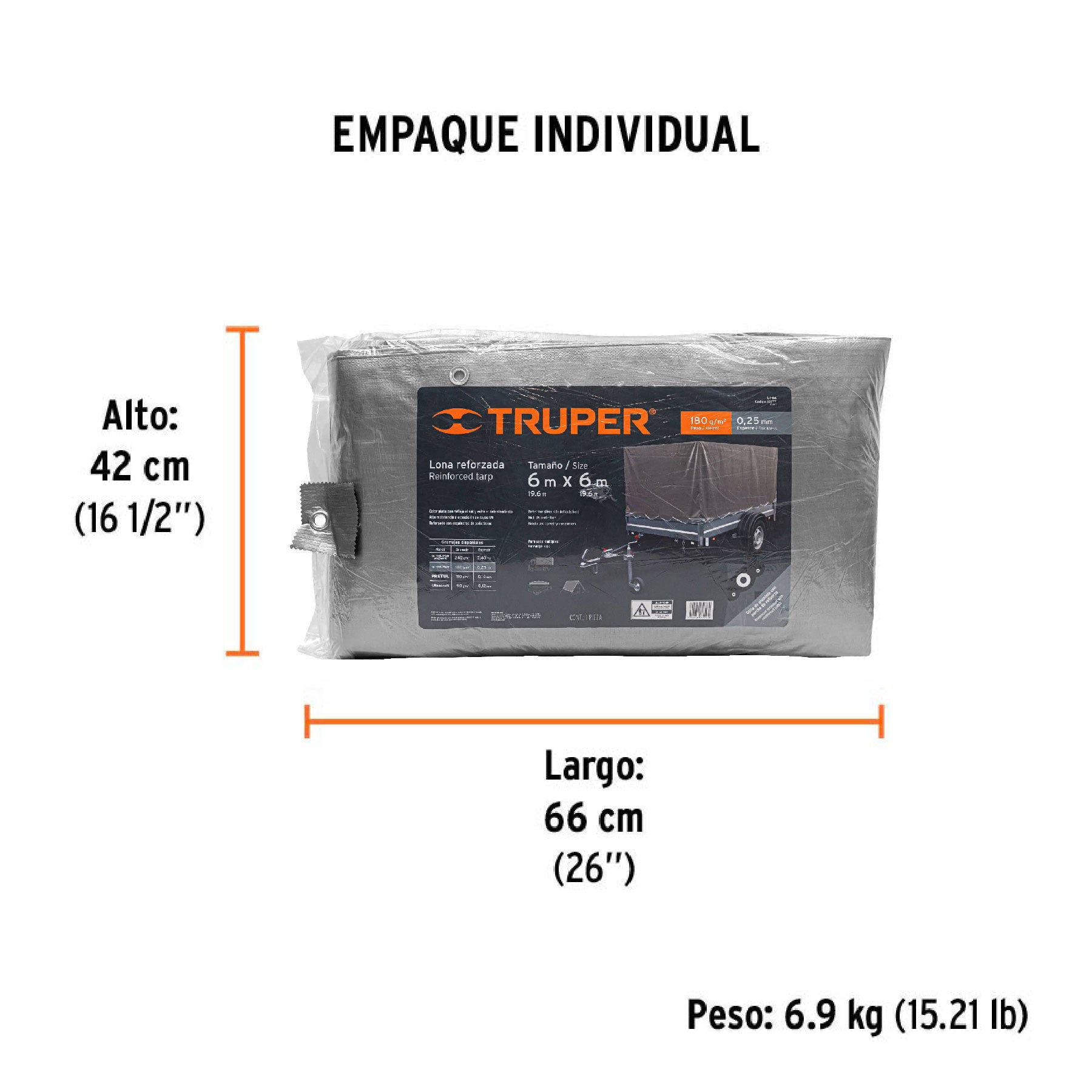 Lona de polietileno reforzada 6 x 6 m, gris, 180g/m2, TRUPER - Empaque