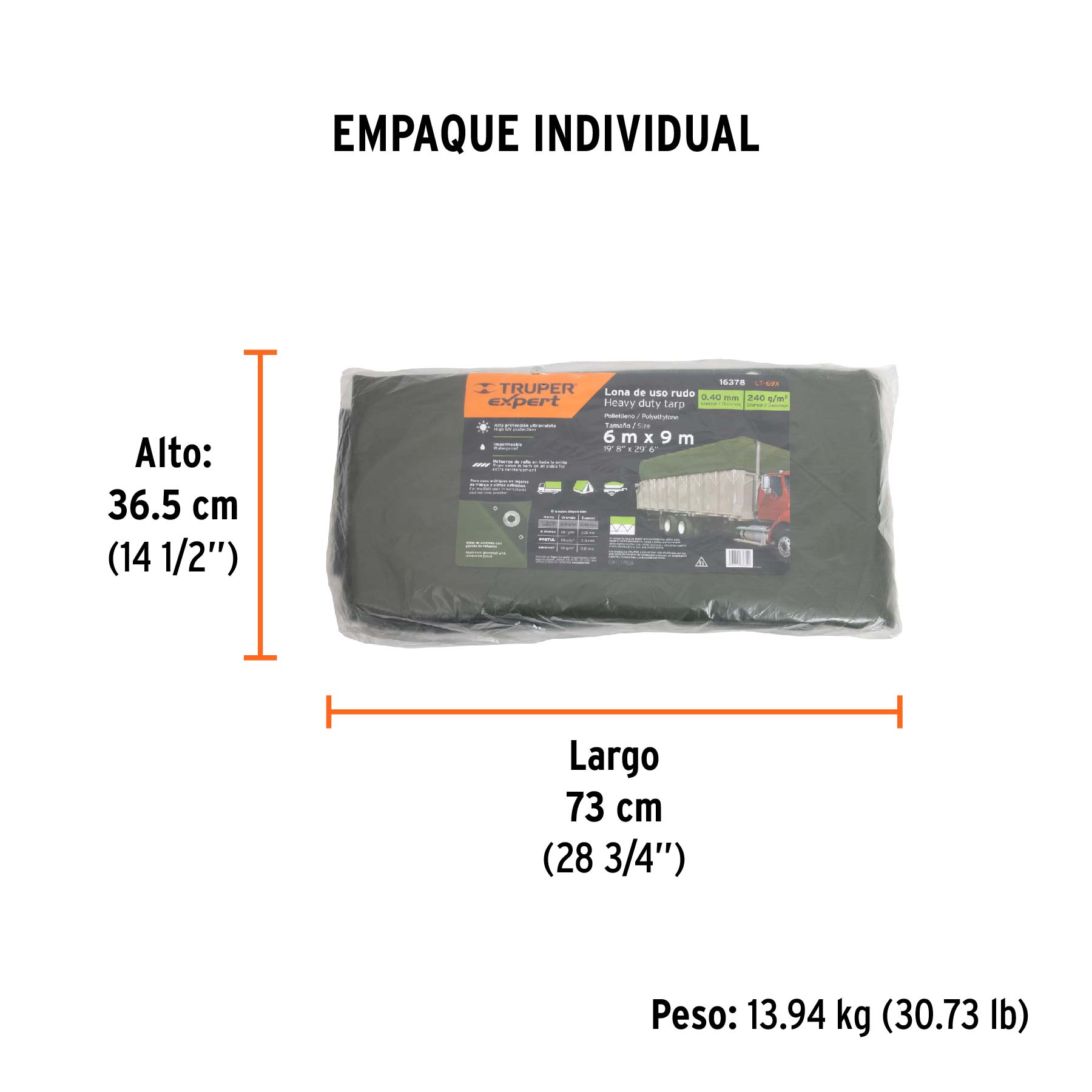 Lona uso rudo 6 x 9 m, verde olivo, 240 g/m2, TRUPER EXPERT - Empaque