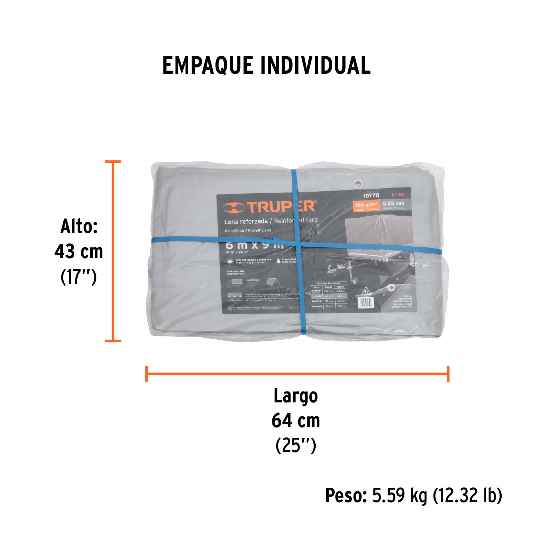 Lona de polietileno reforzada 6 x 9 m, gris, 180g/m2, TRUPER - Empaque