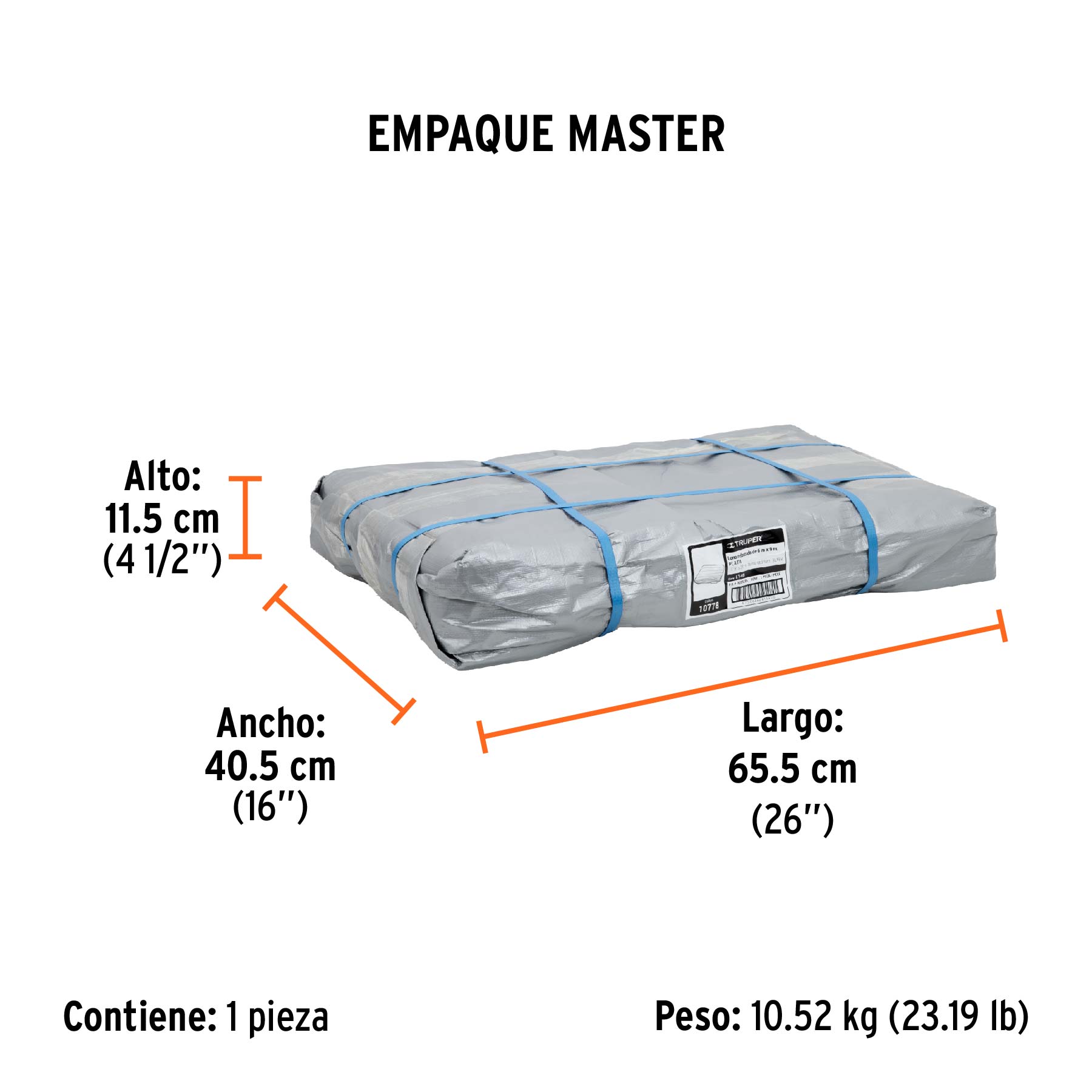 Lona de polietileno reforzada 6 x 9 m, gris, 180g/m2, TRUPER - Empaque