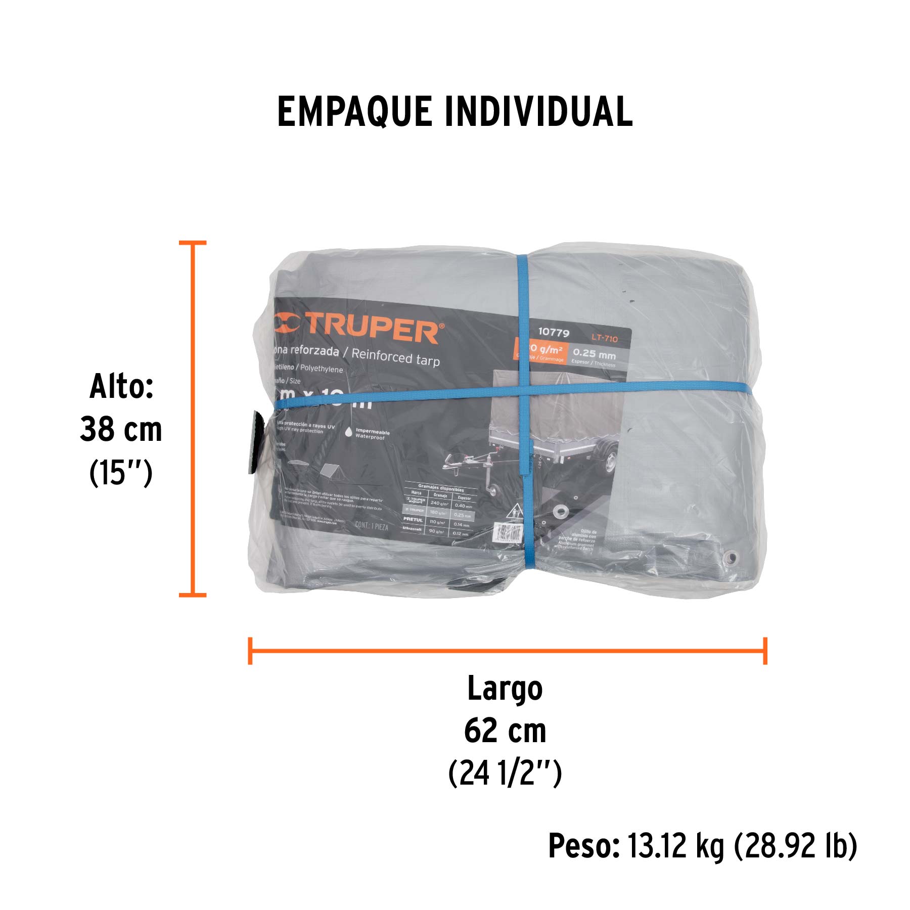 Lona de polietileno reforzada 7x10 m, gris, 180g/m2, TRUPER - Empaque