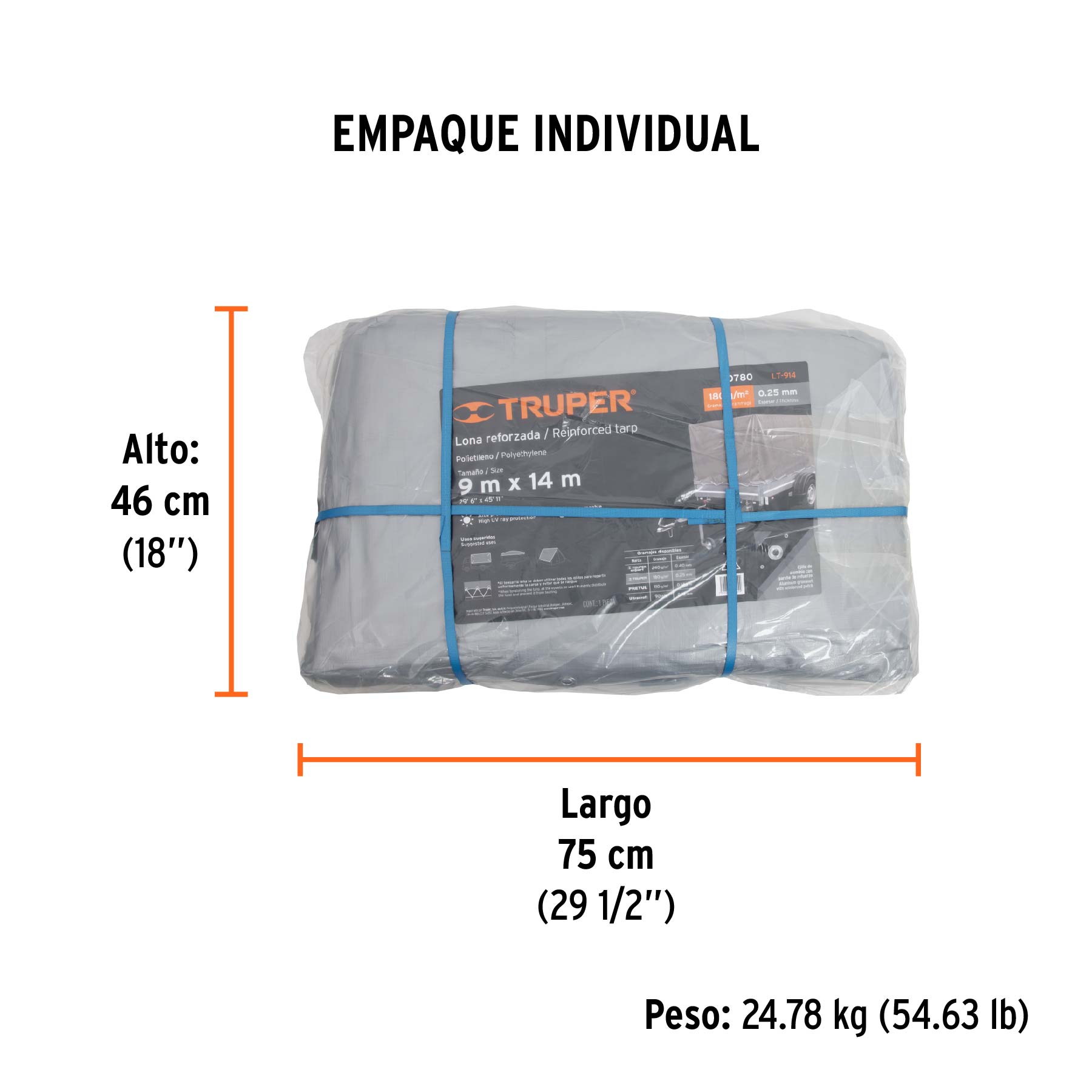 Lona de polietileno reforzada 9x14 m, gris, 180g/m2, TRUPER - Empaque