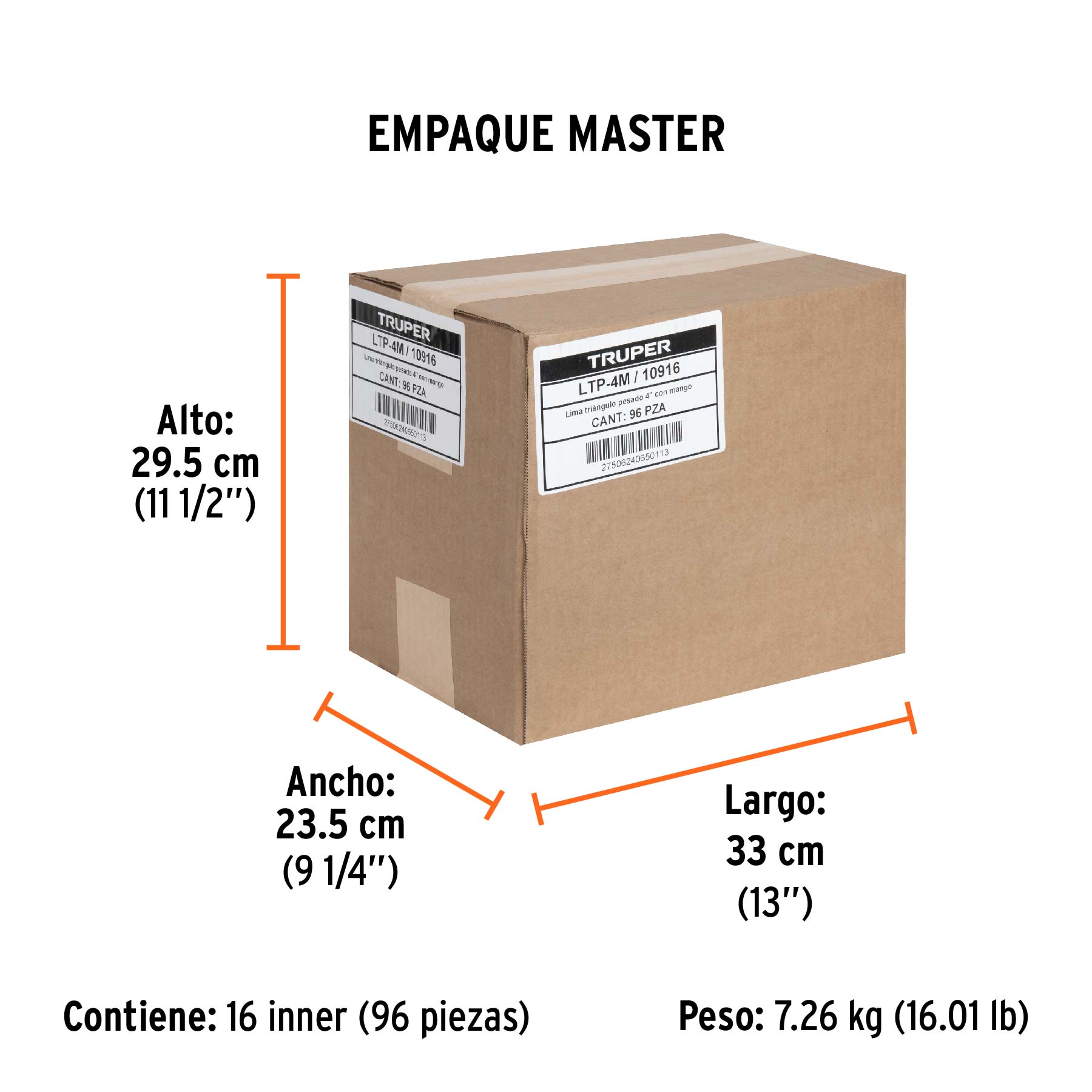Lima triángulo pesado 4", 34 dpp, con mango, TRUPER - Empaque