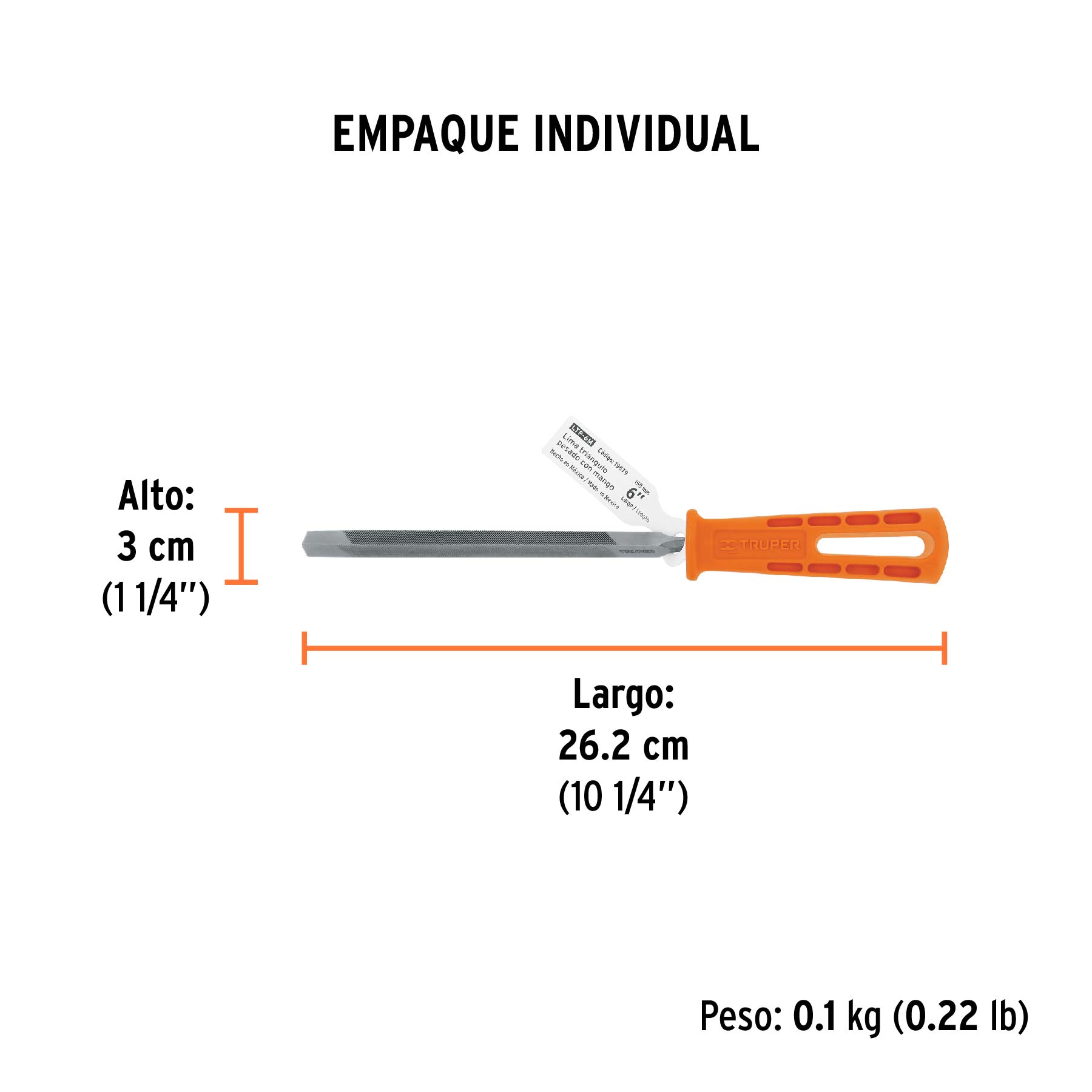 Lima triángulo pesado 6", 34 dpp, con mango, TRUPER - Empaque