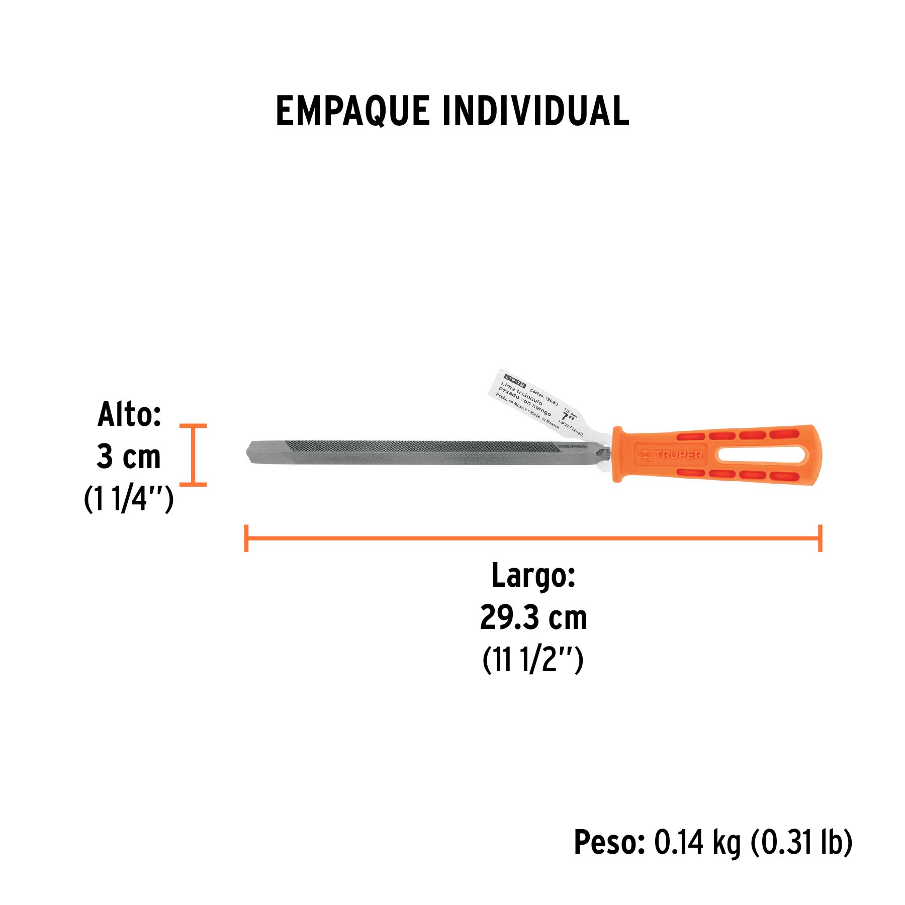 Lima triángulo pesado 7", 34 dpp, con mango, TRUPER - Empaque
