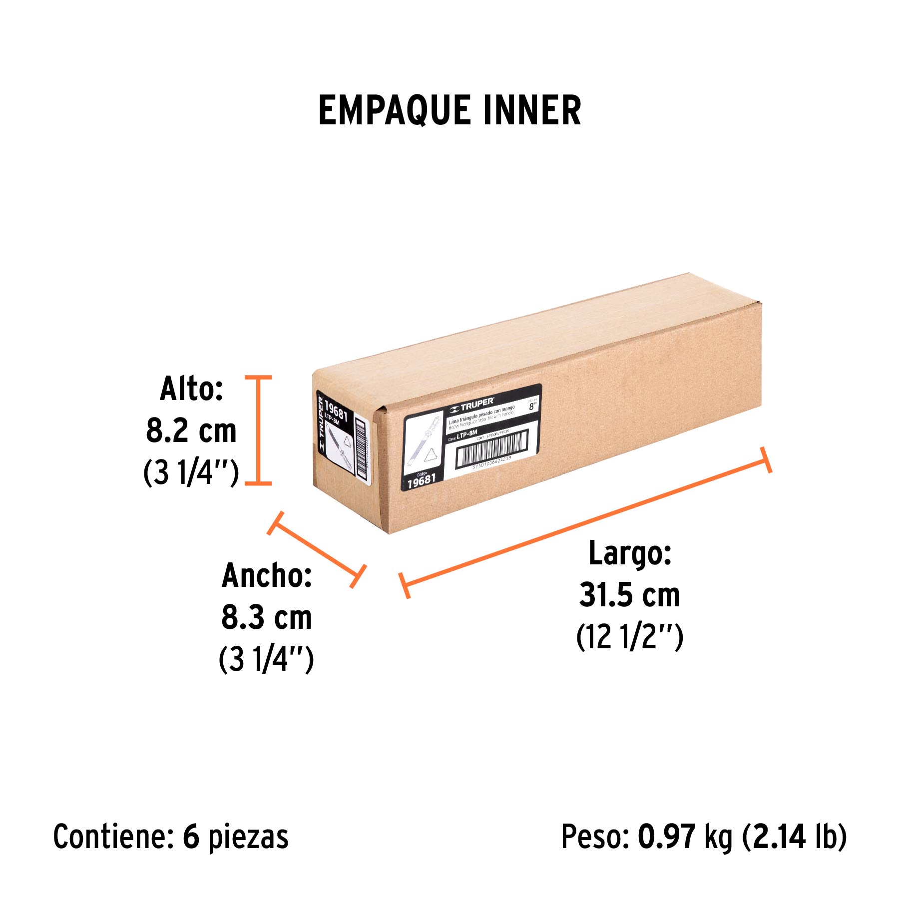 Lima triángulo pesado 8", 34 dpp, con mango, TRUPER - Empaque