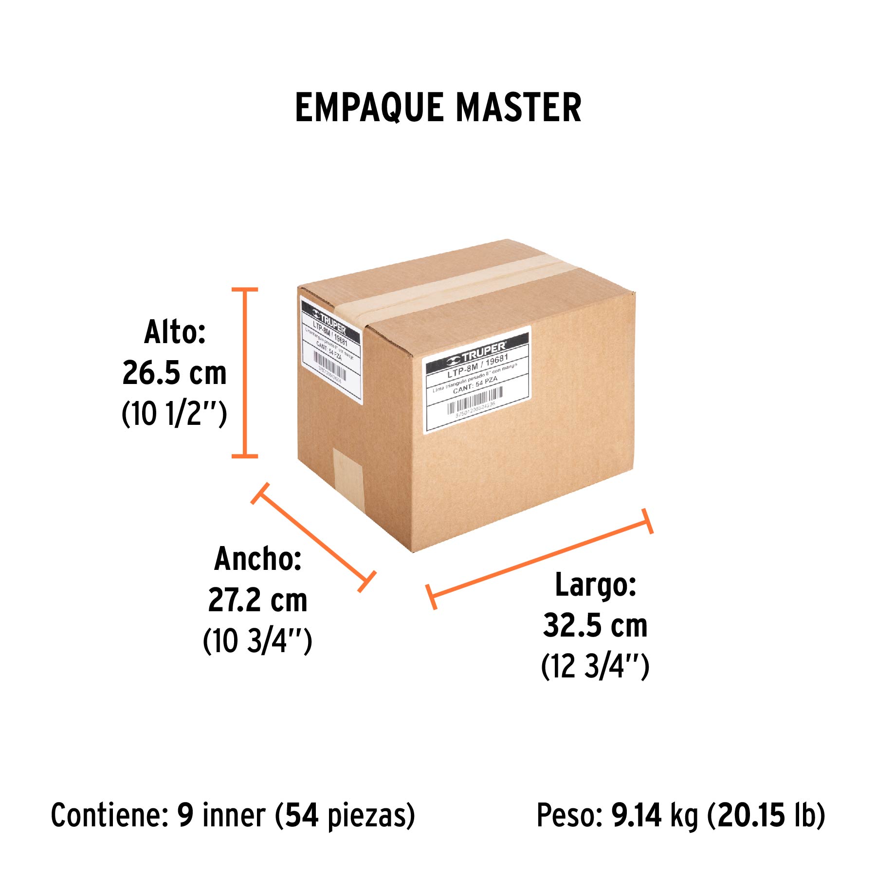 Lima triángulo pesado 8", 34 dpp, con mango, TRUPER - Empaque
