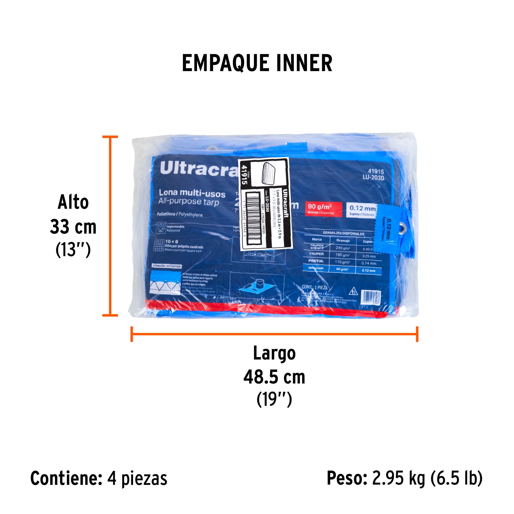Lona de polietileno 2 x 3 m, azul, 90 g/m2, ULTRA - Empaque