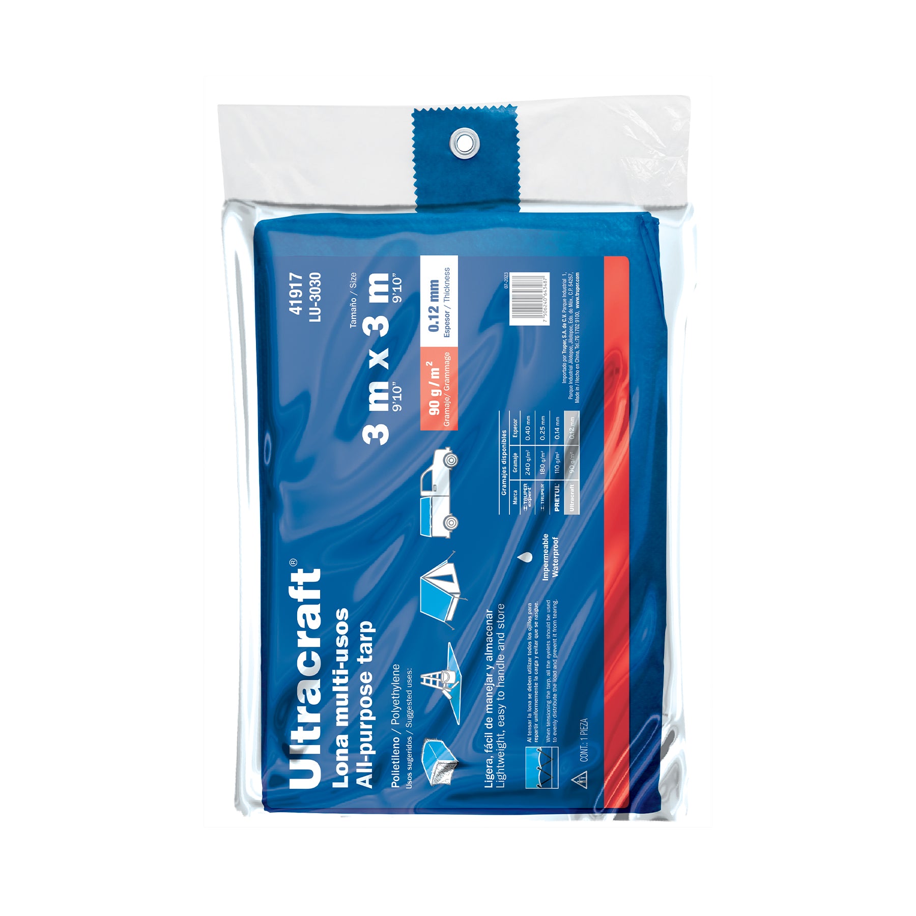 Lona de polietileno 3 x 3 m, azul, 90 g/m2, ULTRA