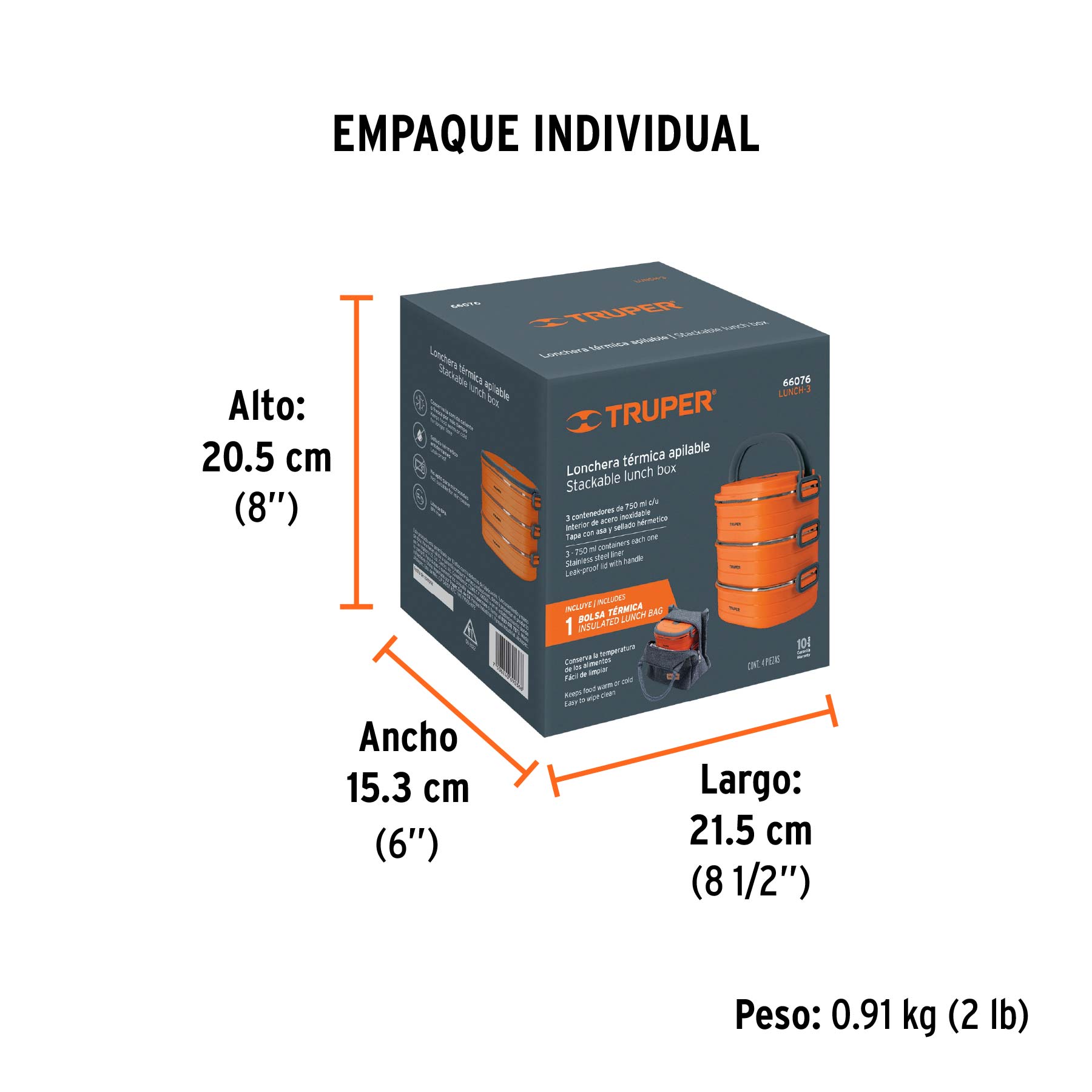 Lonchera térmica con 3 contenedores de acero inoxidable - Empaque