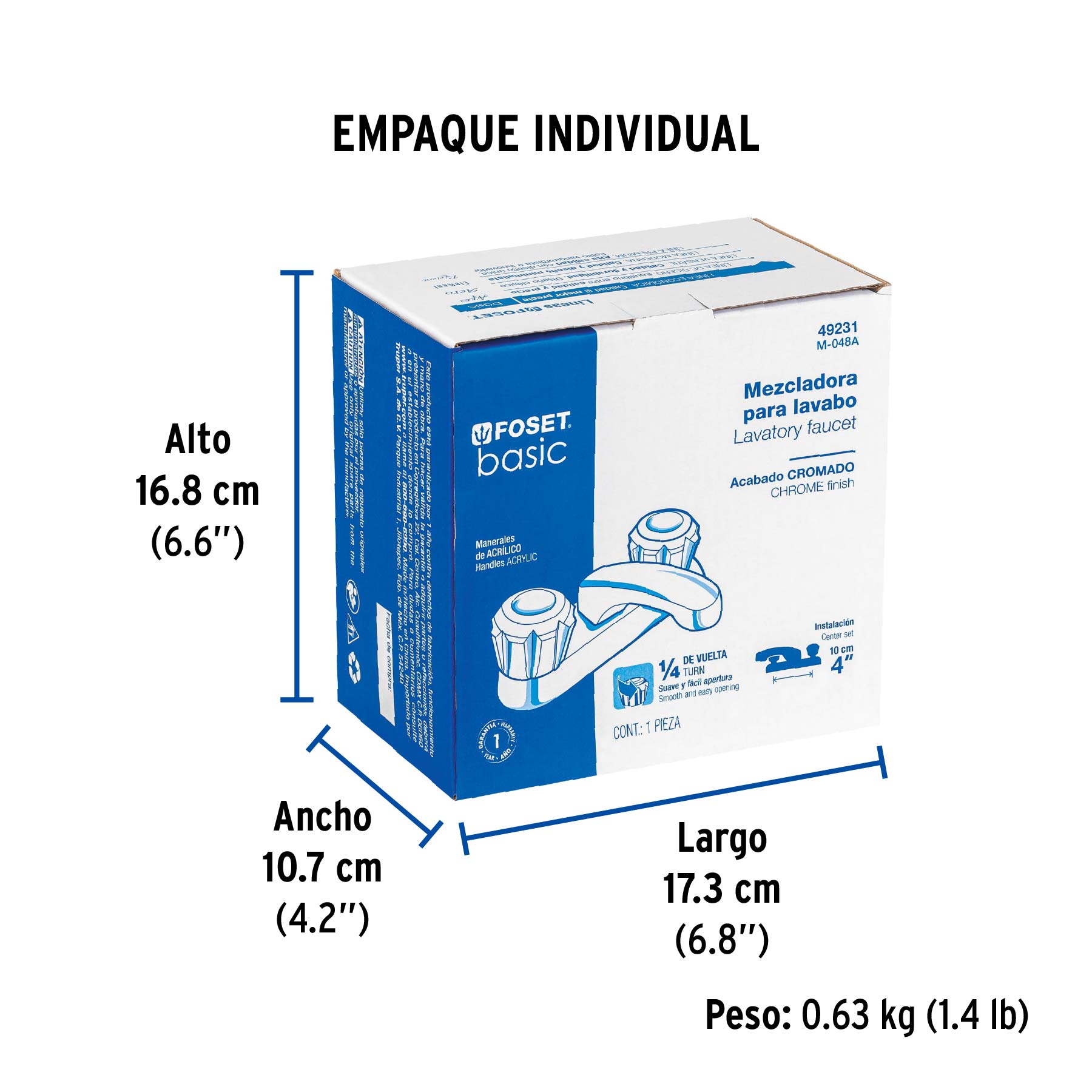 Mezcladora 4" para lavabo, nariz larga, manerales acrílico - Empaque