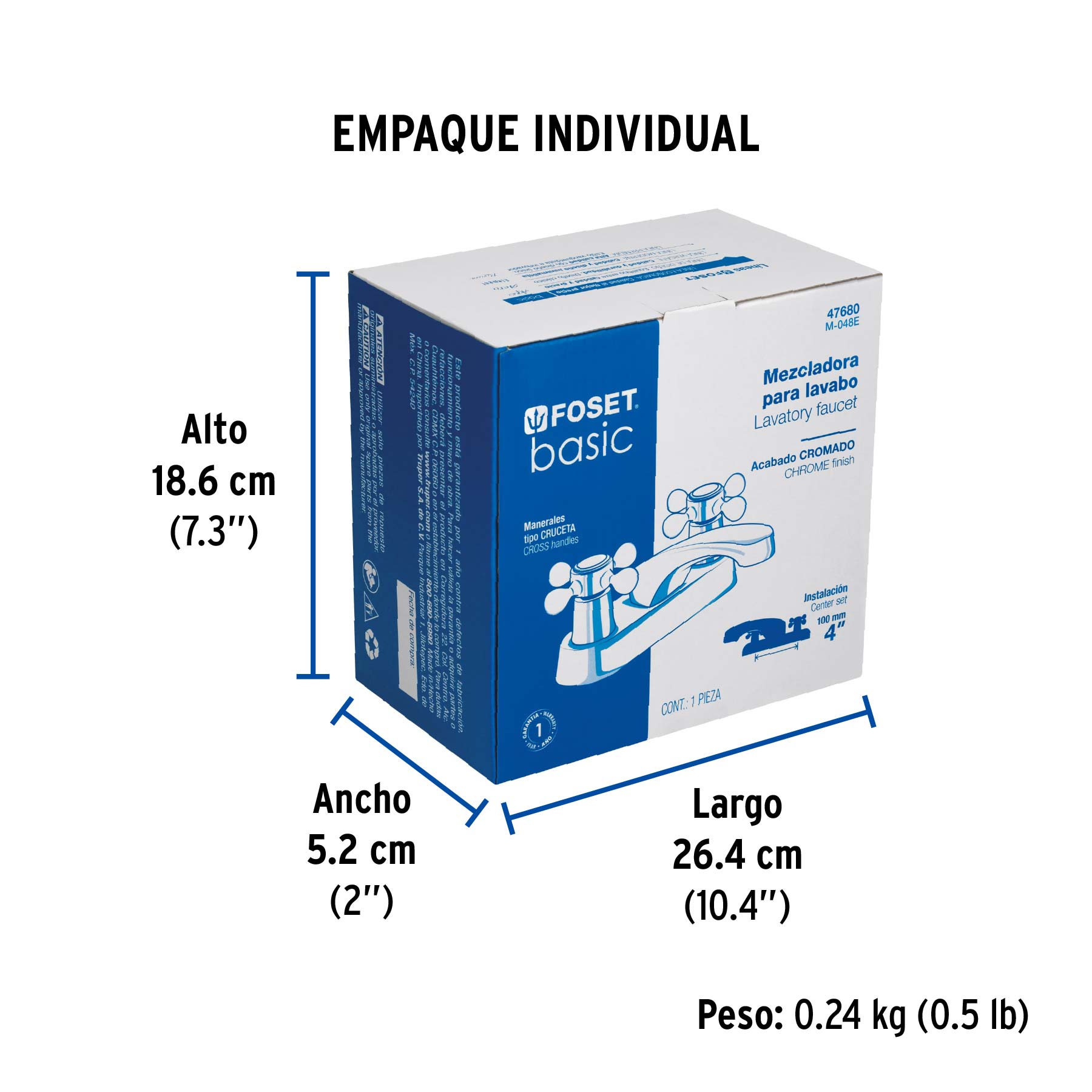 Mezcladora 4" para lavabo, nariz larga, manerales cruceta - Empaque