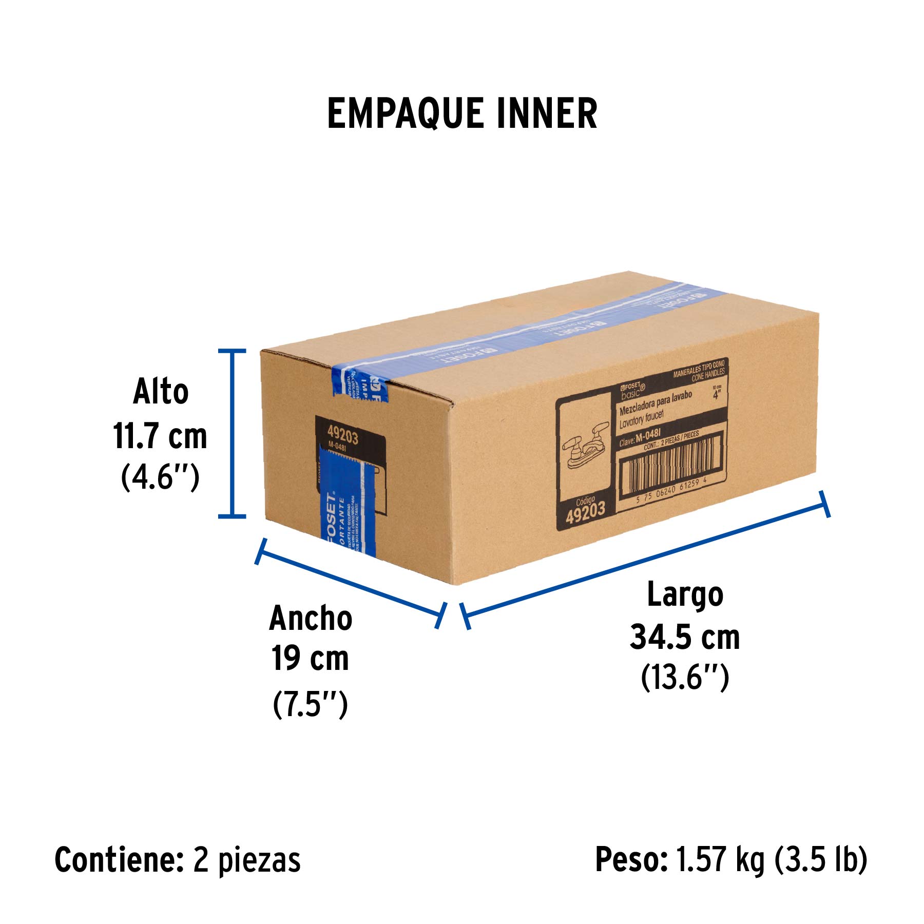 Mezcladora 4" para lavabo, nariz larga, manerales cono - Empaque