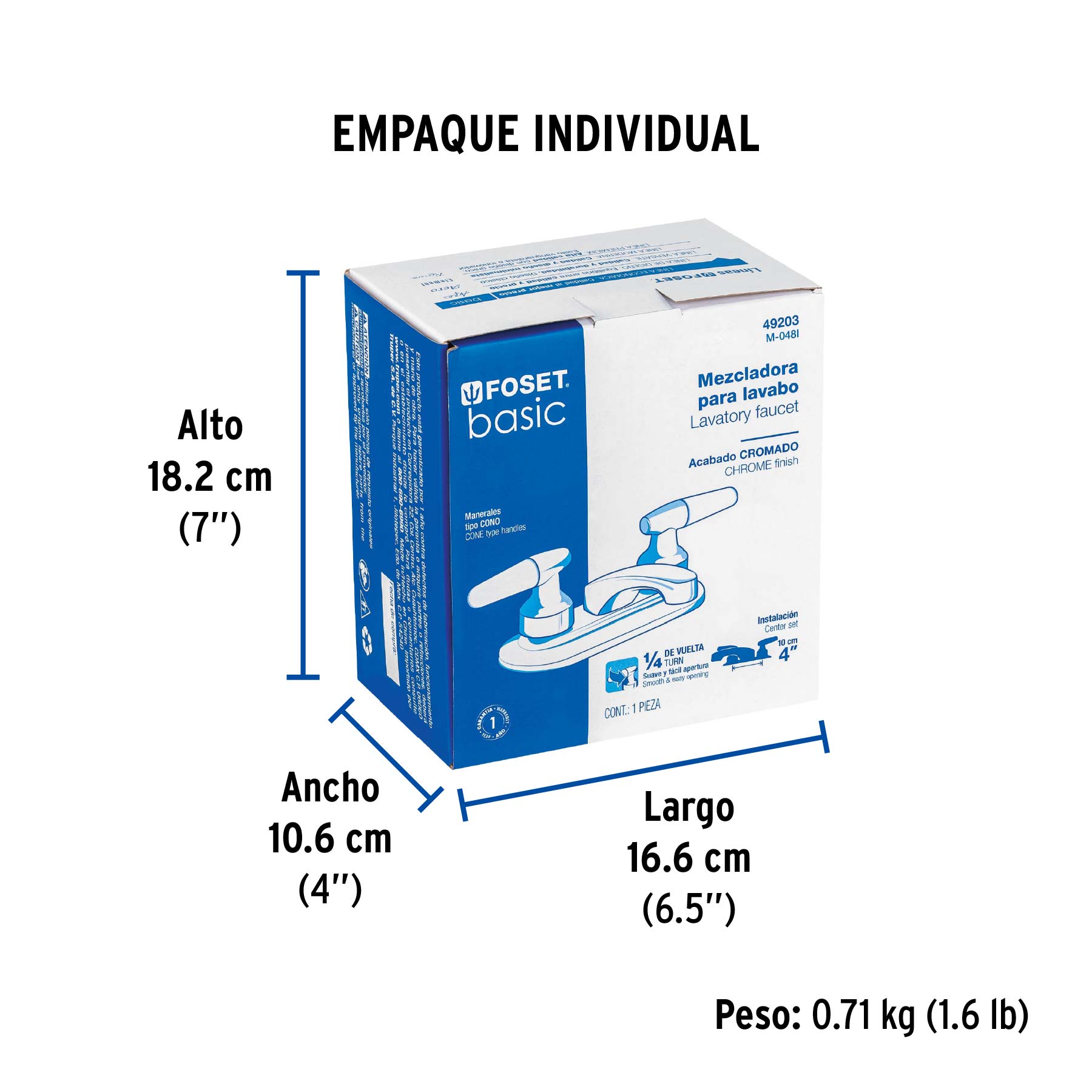Mezcladora 4" para lavabo, nariz larga, manerales cono - Empaque