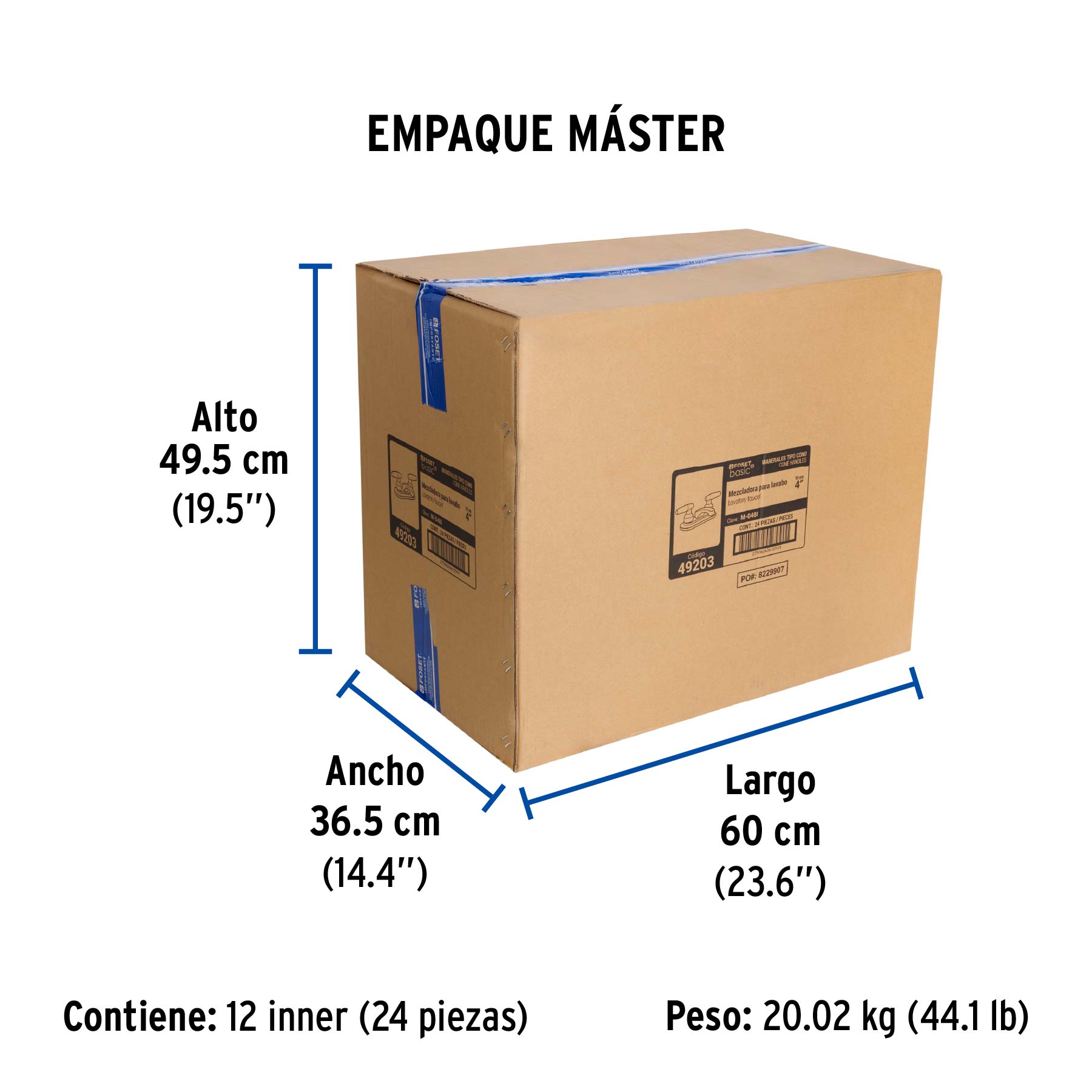 Mezcladora 4" para lavabo, nariz larga, manerales cono - Empaque