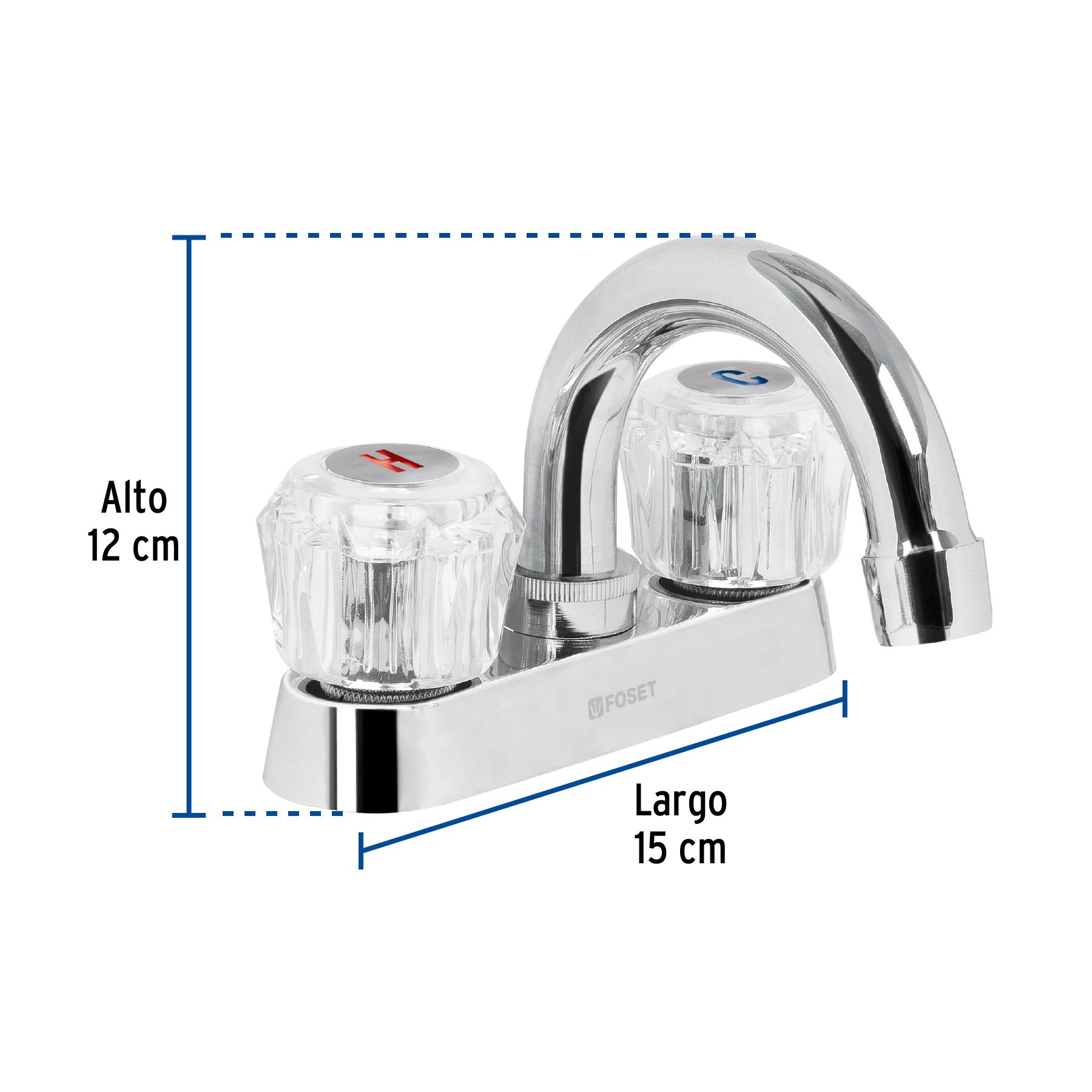Mezcladora 4" para lavabo, cuello curvo, manerales acrílico