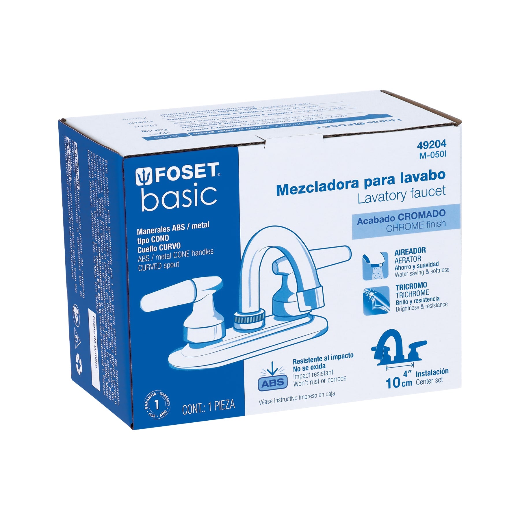 Mezcladora 4" para lavabo, cuello curvo, manerales cono
